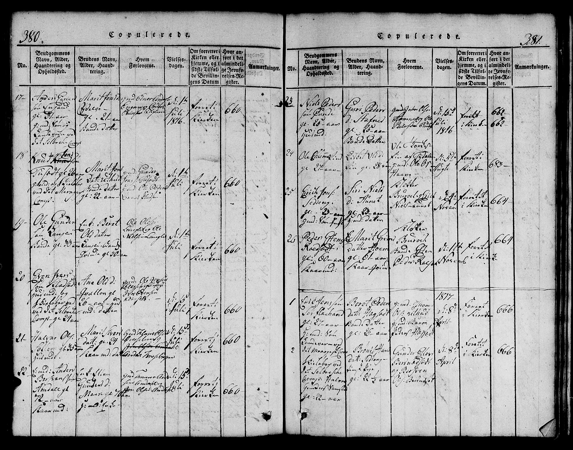 Ministerialprotokoller, klokkerbøker og fødselsregistre - Sør-Trøndelag, AV/SAT-A-1456/695/L1152: Parish register (copy) no. 695C03, 1816-1831, p. 380-381