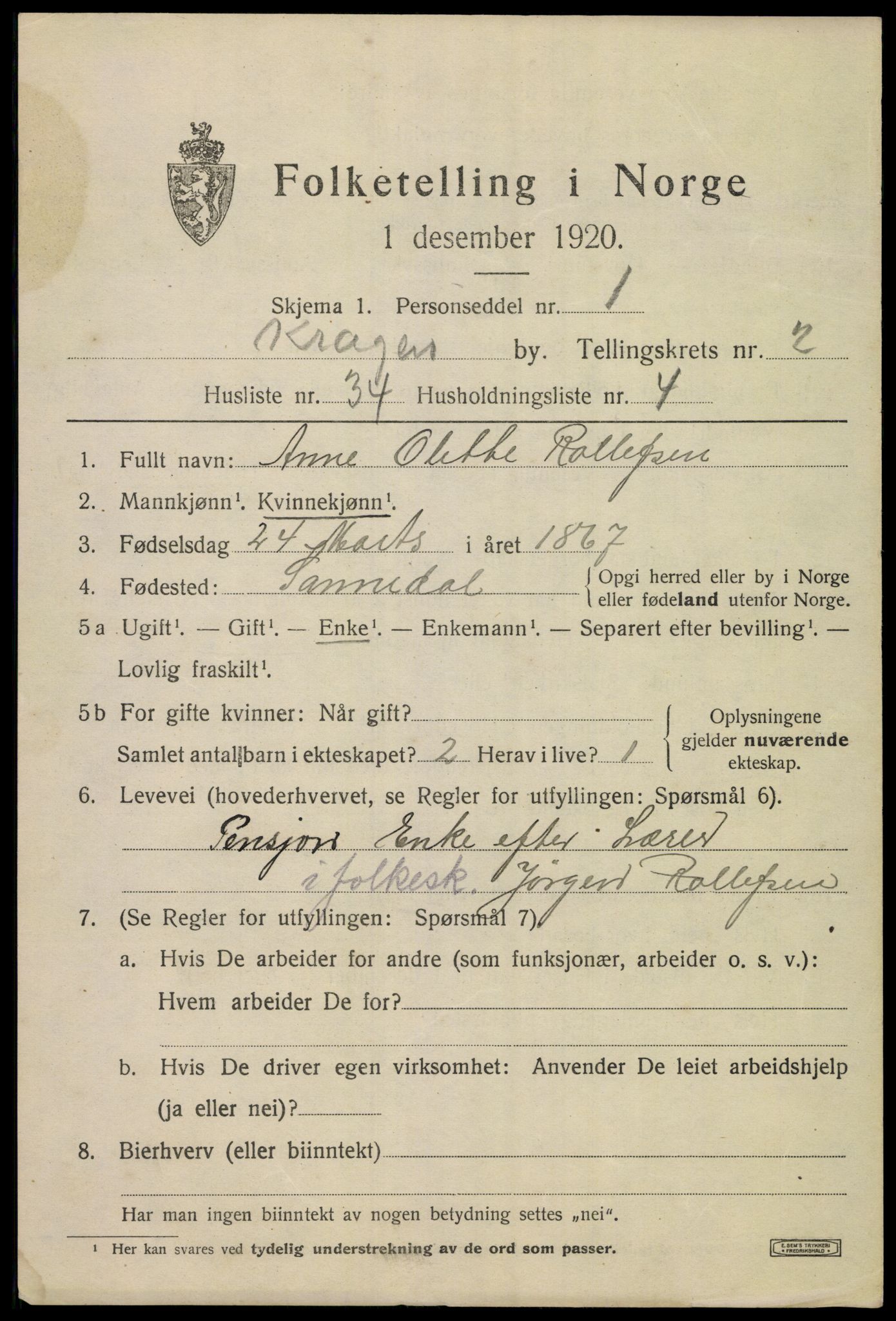 SAKO, 1920 census for Kragerø, 1920, p. 5765