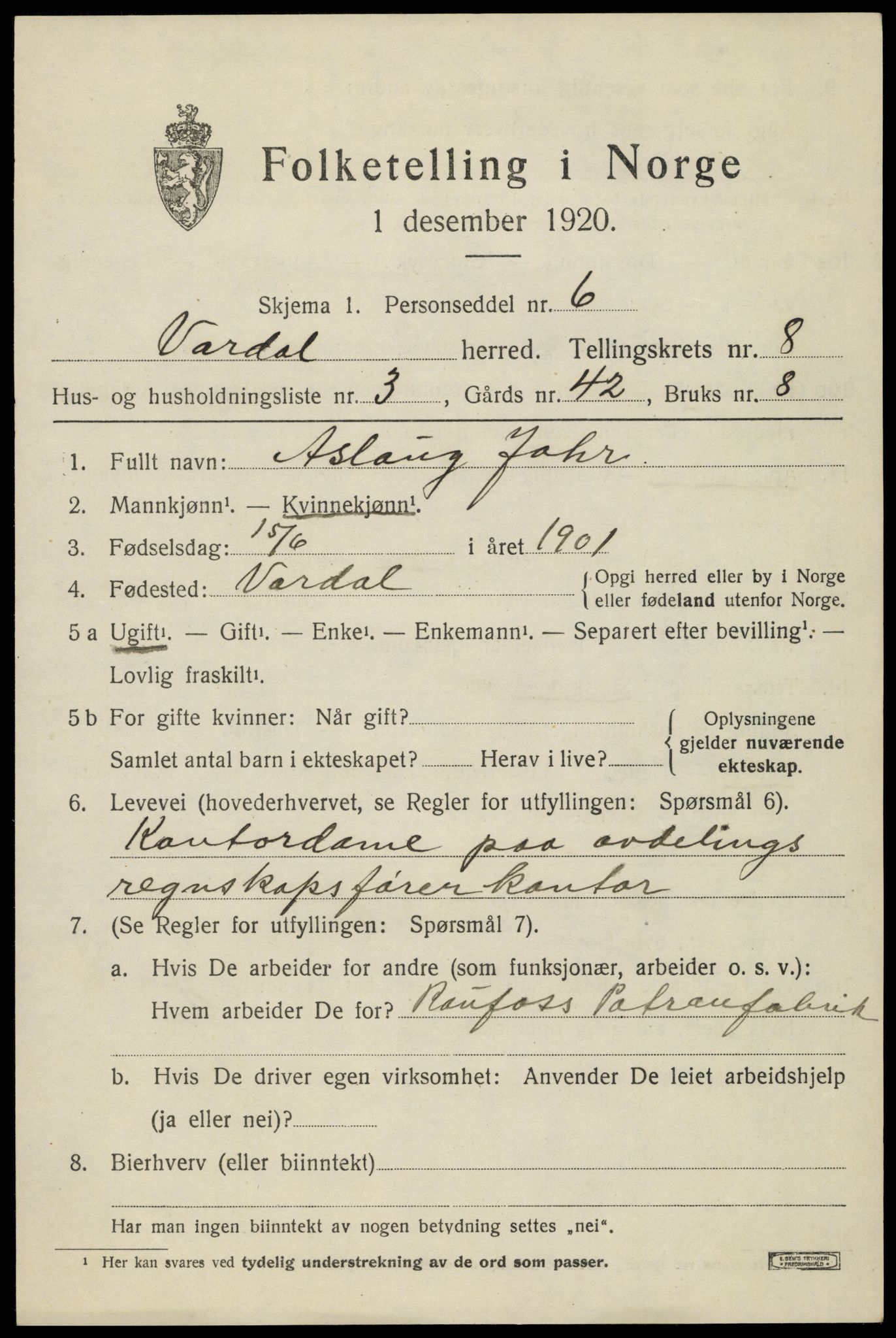 SAH, 1920 census for Vardal, 1920, p. 5747