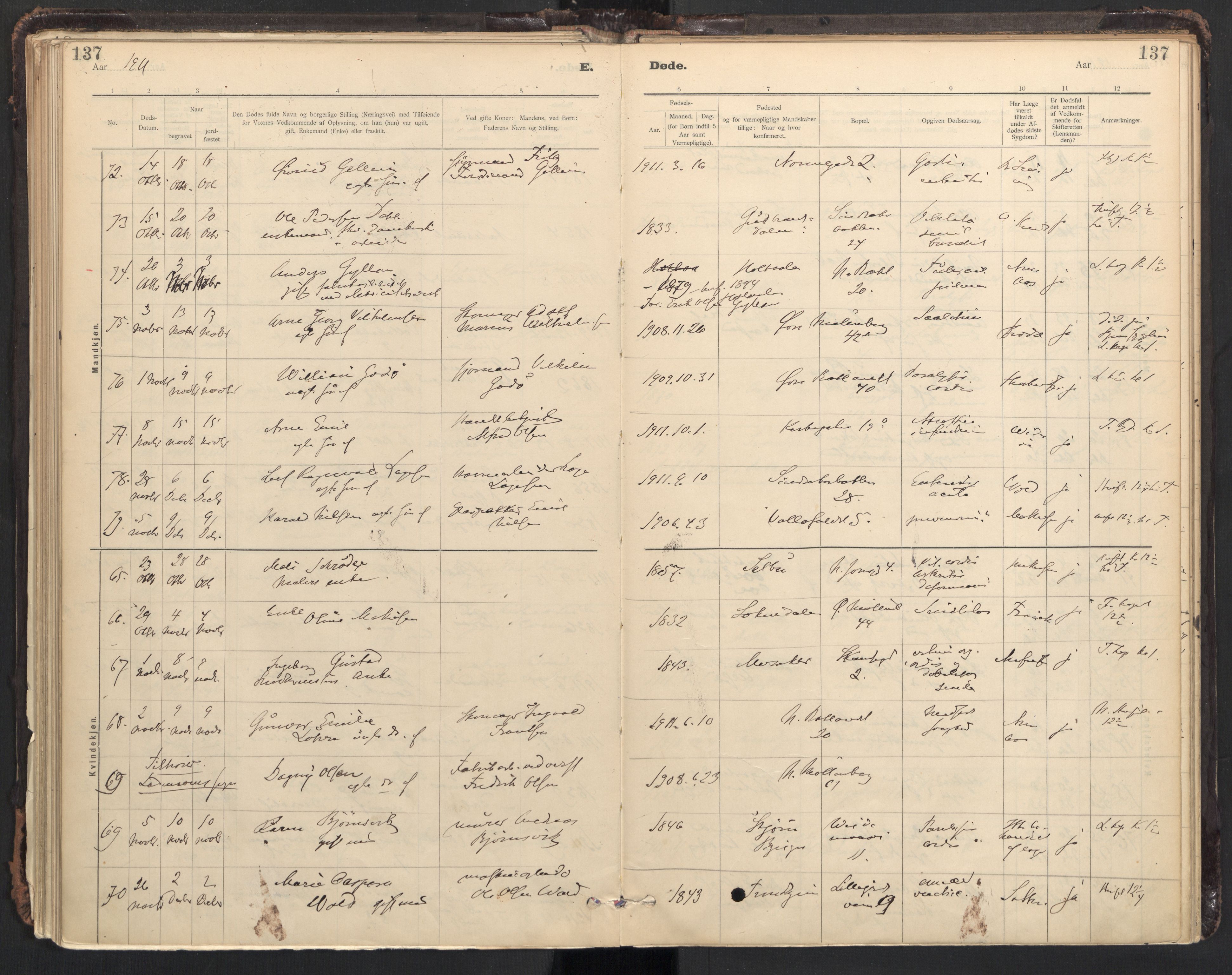 Ministerialprotokoller, klokkerbøker og fødselsregistre - Sør-Trøndelag, AV/SAT-A-1456/604/L0204: Parish register (official) no. 604A24, 1911-1920, p. 137