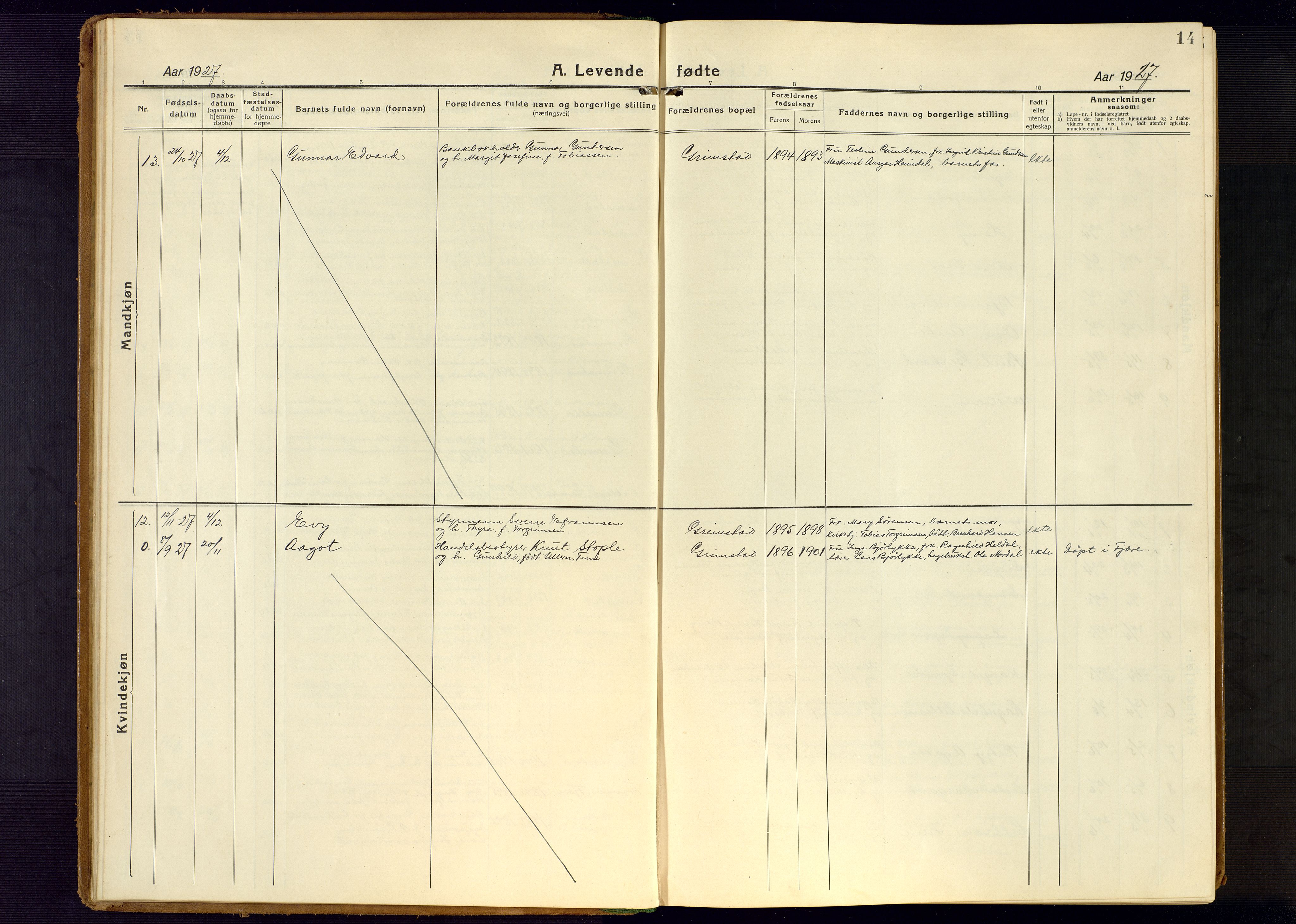 Grimstad sokneprestkontor, AV/SAK-1111-0017/F/Fb/L0002: Parish register (copy) no. B 2, 1923-1949, p. 14