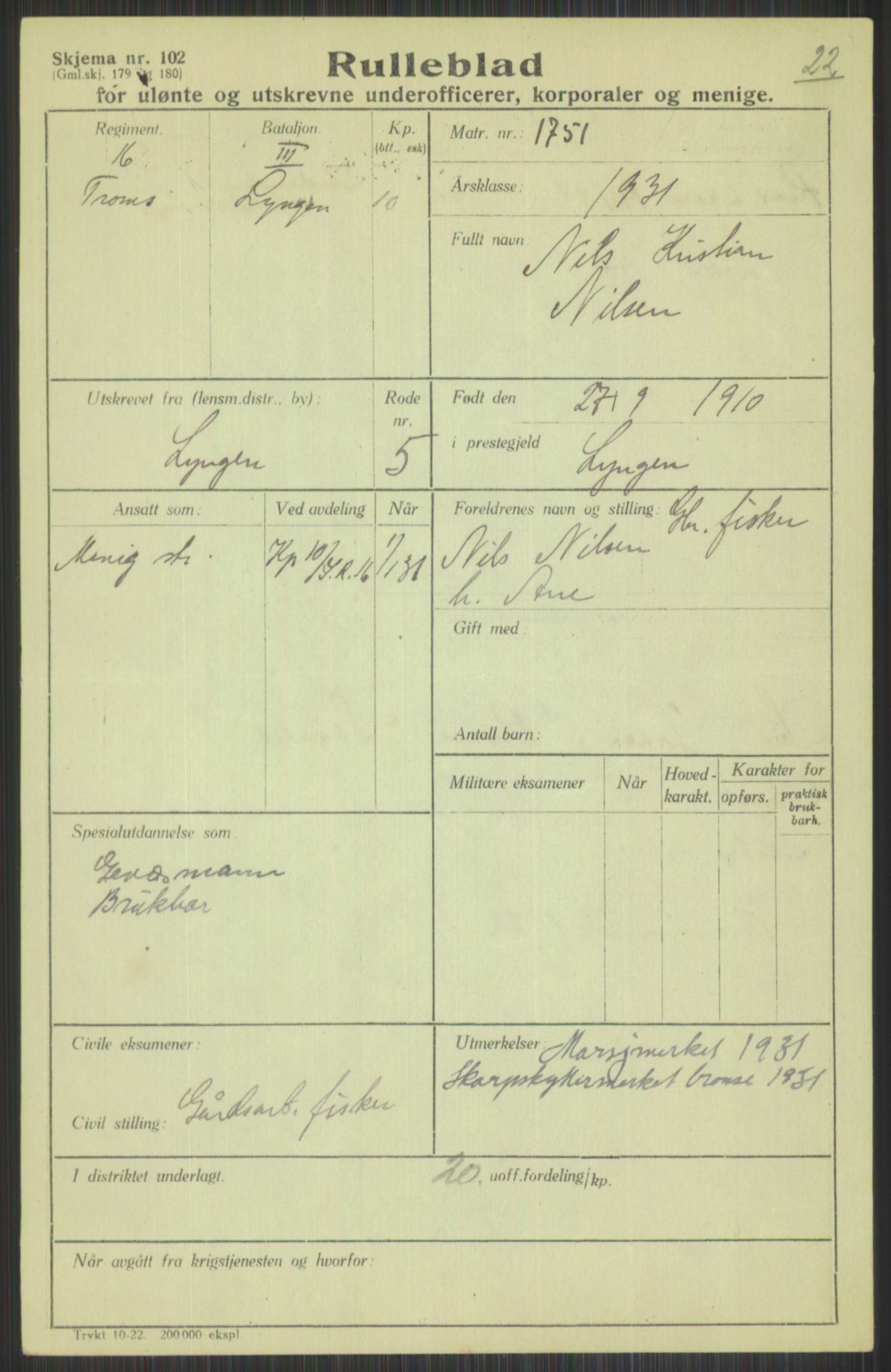 Forsvaret, Troms infanteriregiment nr. 16, AV/RA-RAFA-3146/P/Pa/L0015: Rulleblad for regimentets menige mannskaper, årsklasse 1931, 1931, p. 841