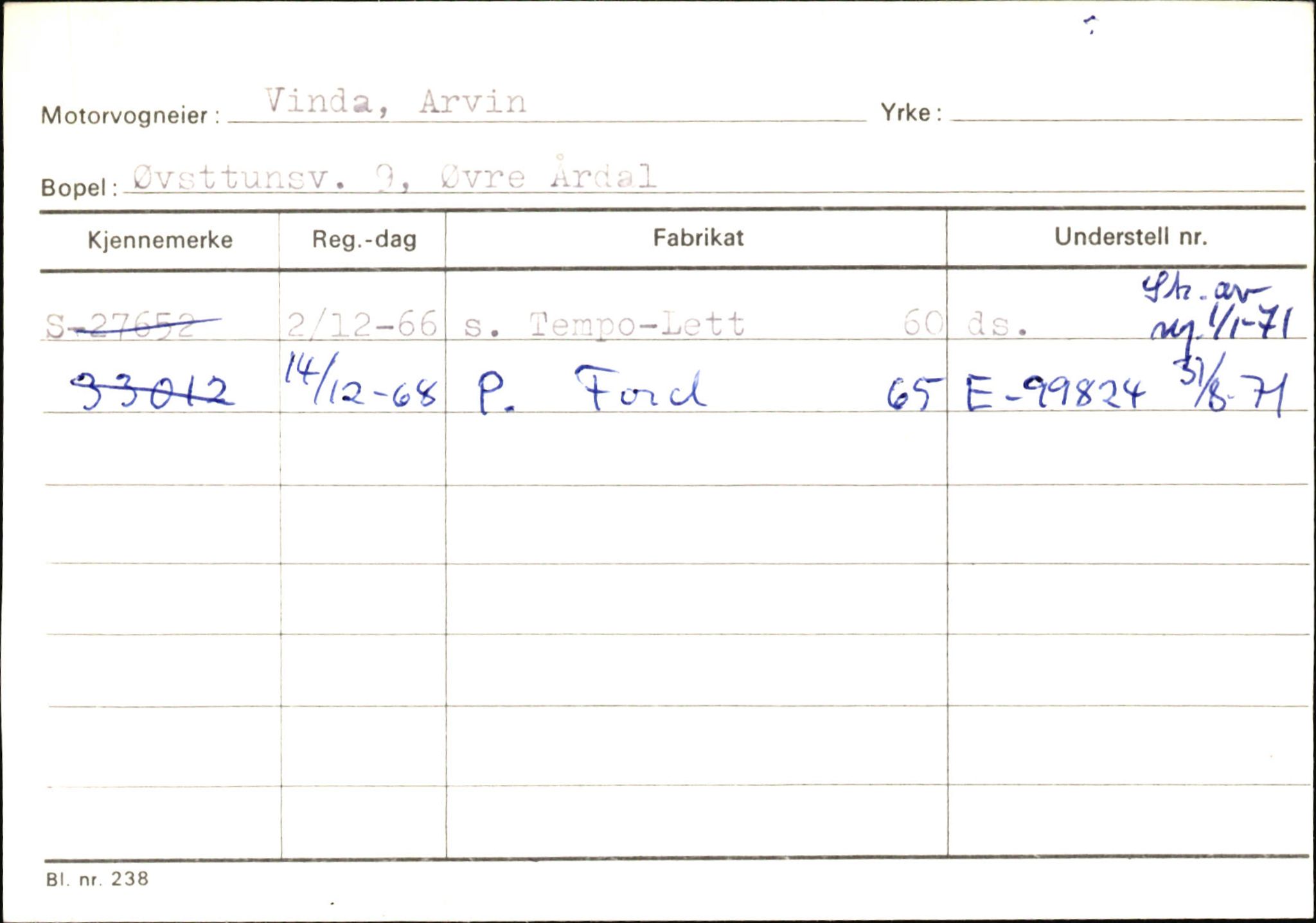 Statens vegvesen, Sogn og Fjordane vegkontor, SAB/A-5301/4/F/L0146: Registerkort Årdal R-Å samt diverse kort, 1945-1975, p. 1230