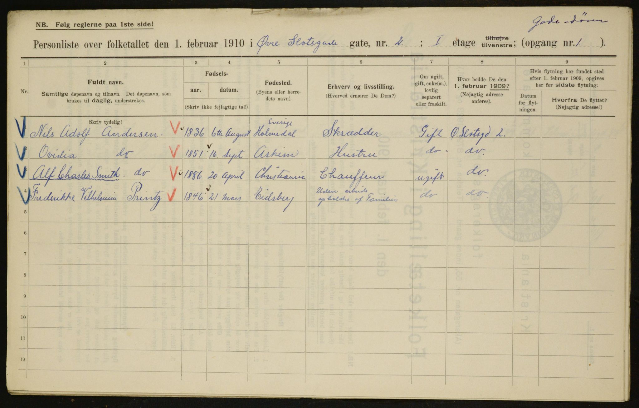 OBA, Municipal Census 1910 for Kristiania, 1910, p. 123121