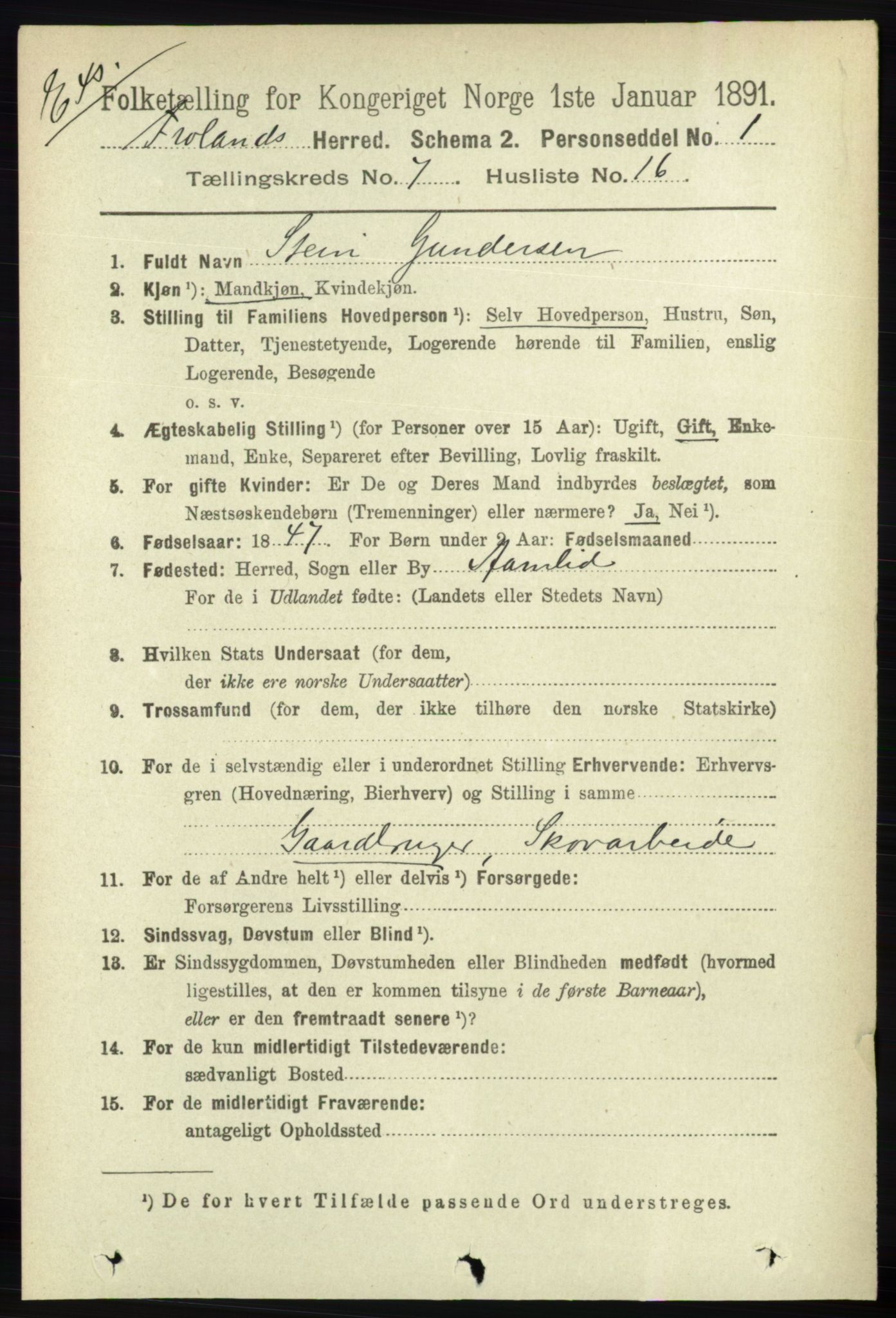 RA, Census 1891 for Nedenes amt: Gjenparter av personsedler for beslektede ektefeller, menn, 1891, p. 454