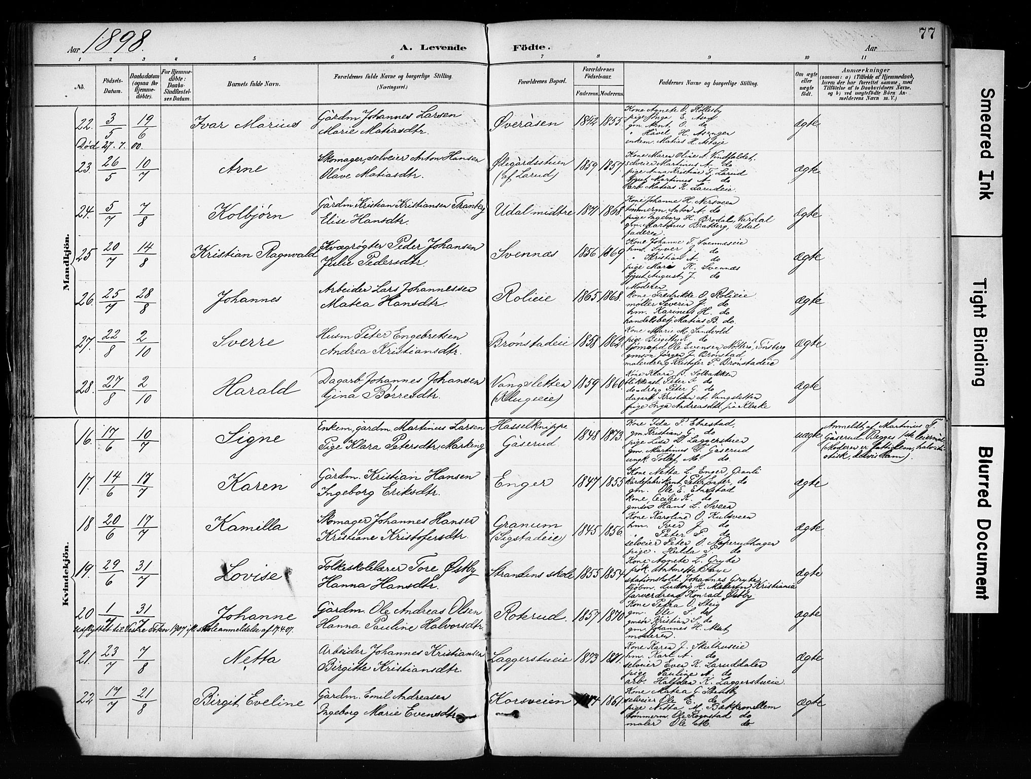 Biri prestekontor, SAH/PREST-096/H/Ha/Haa/L0009: Parish register (official) no. 9, 1887-1900, p. 77