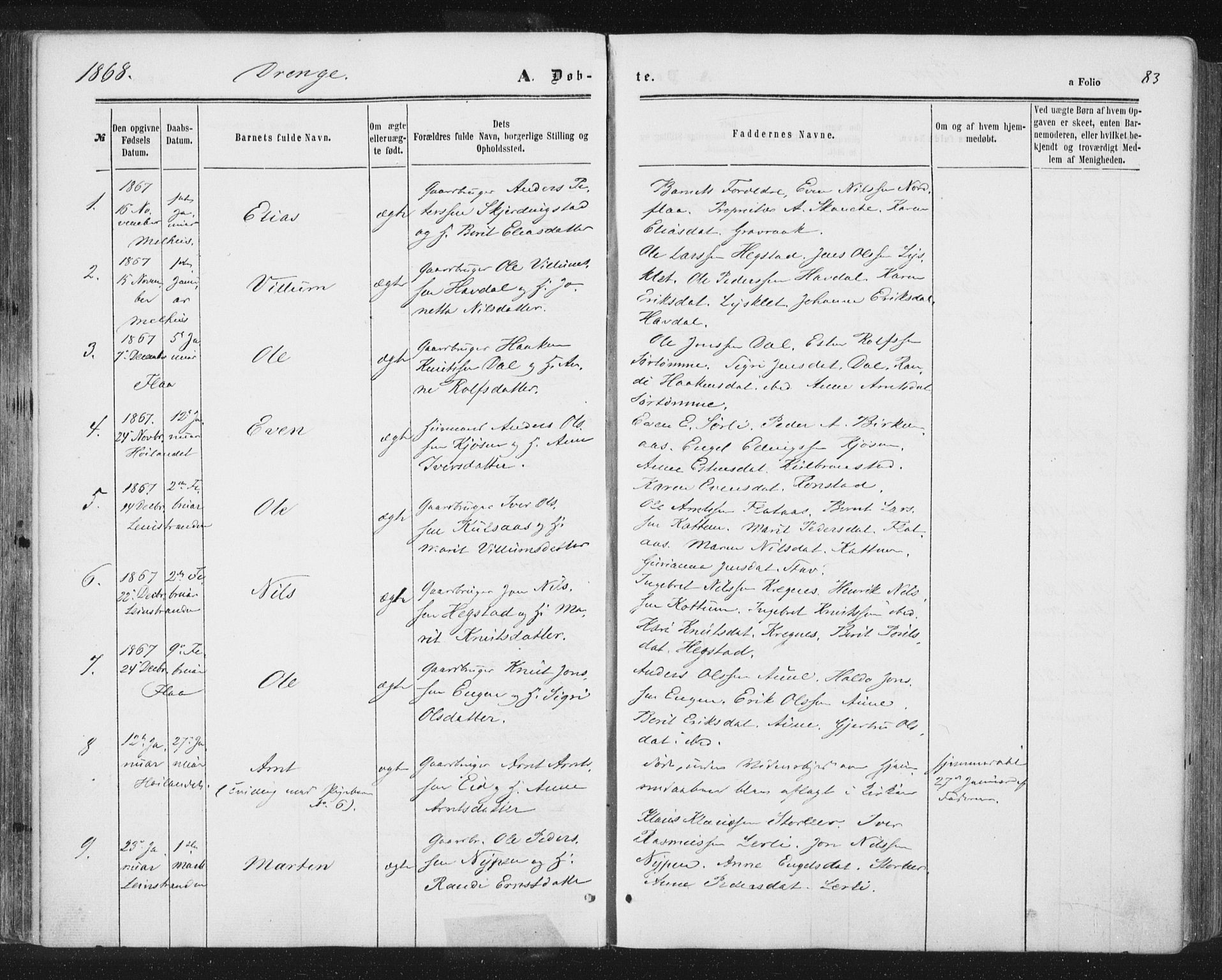 Ministerialprotokoller, klokkerbøker og fødselsregistre - Sør-Trøndelag, SAT/A-1456/691/L1077: Parish register (official) no. 691A09, 1862-1873, p. 83
