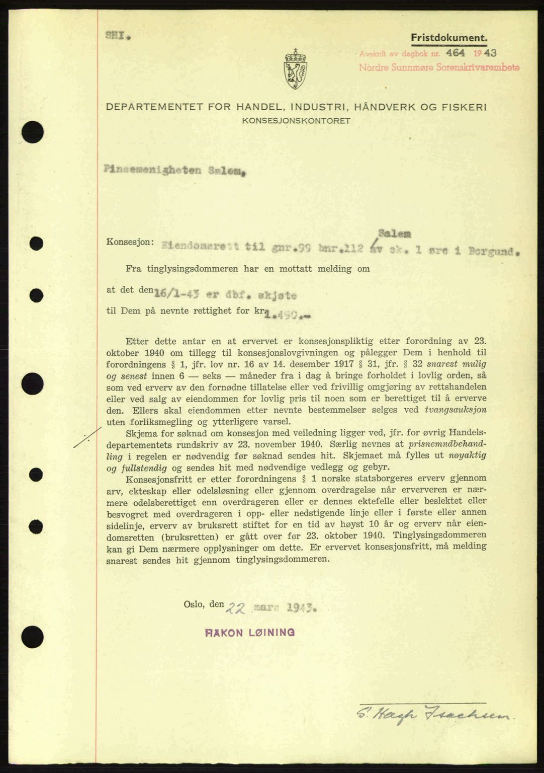 Nordre Sunnmøre sorenskriveri, SAT/A-0006/1/2/2C/2Ca: Mortgage book no. B6-14 a, 1942-1945, Diary no: : 464/1943