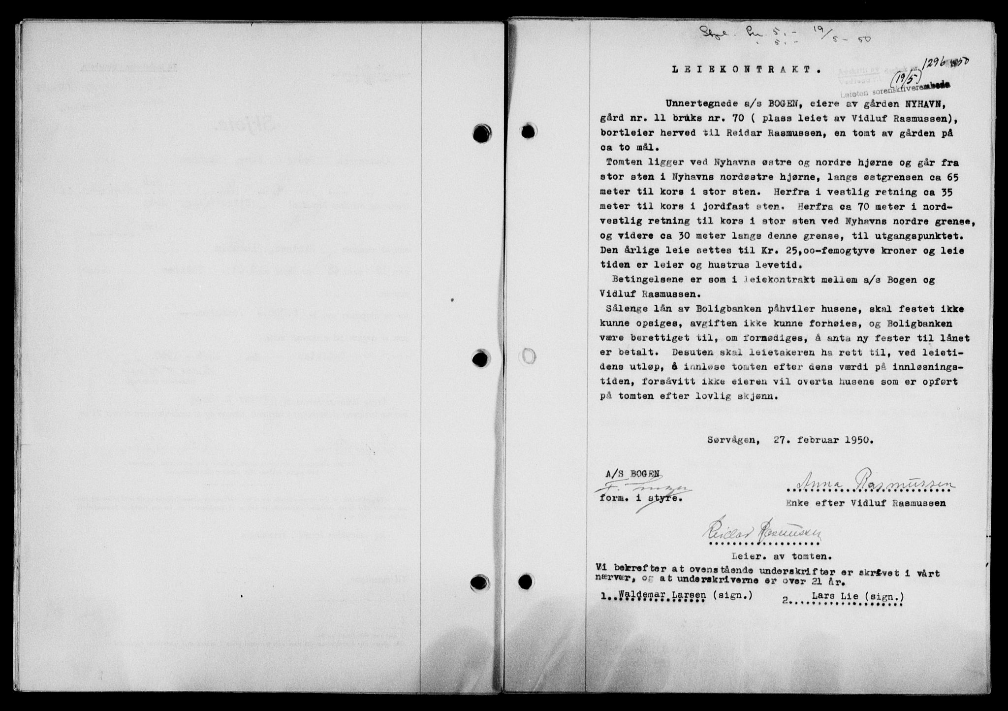 Lofoten sorenskriveri, SAT/A-0017/1/2/2C/L0023a: Mortgage book no. 23a, 1950-1950, Diary no: : 1296/1950