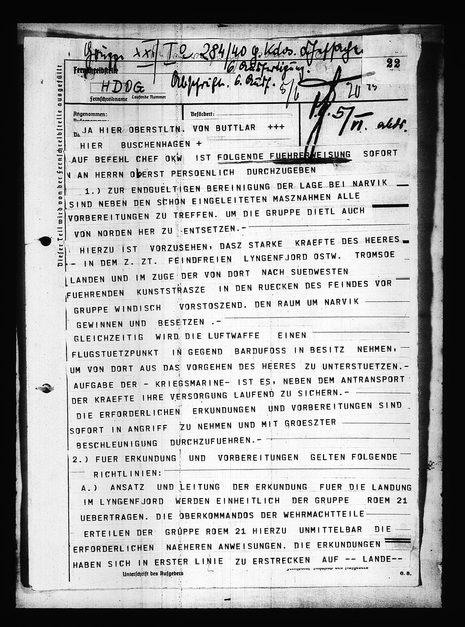 Documents Section, AV/RA-RAFA-2200/V/L0084: Amerikansk mikrofilm "Captured German Documents".
Box No. 723.  FKA jnr. 615/1954., 1940, p. 94