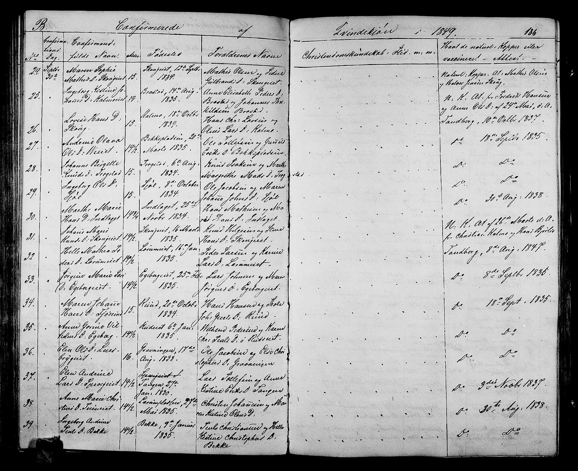 Sande Kirkebøker, AV/SAKO-A-53/G/Ga/L0002: Parish register (copy) no. 2, 1847-1863, p. 186