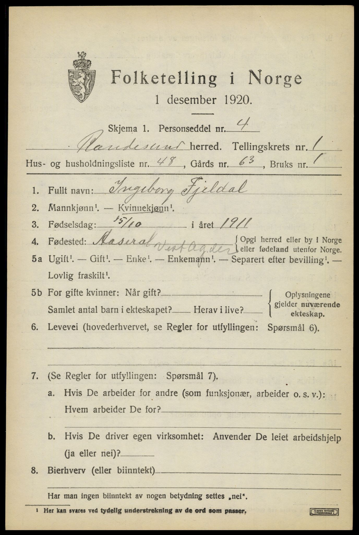 SAK, 1920 census for Randesund, 1920, p. 1052