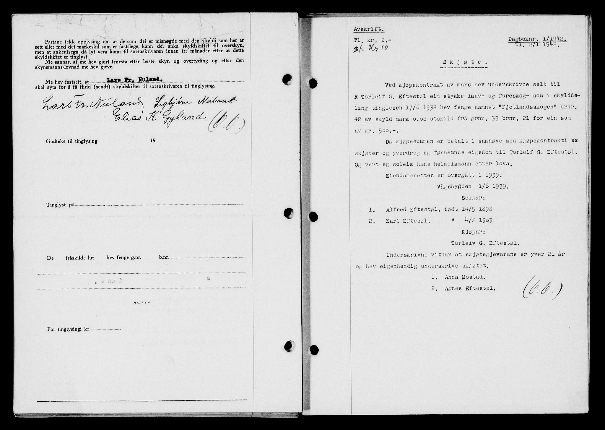 Flekkefjord sorenskriveri, SAK/1221-0001/G/Gb/Gba/L0057: Mortgage book no. A-5, 1941-1942, Diary no: : 1/1942