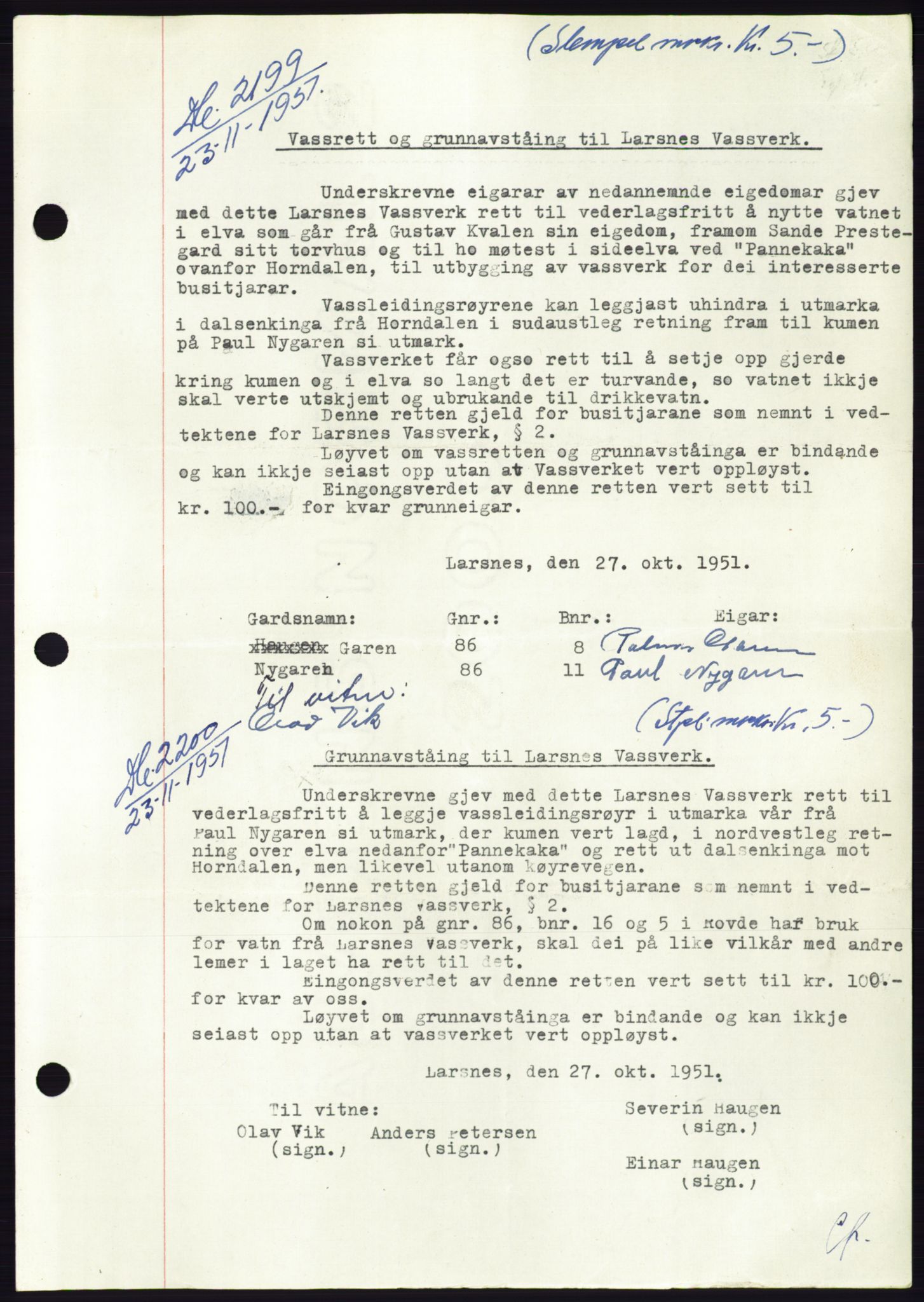 Søre Sunnmøre sorenskriveri, AV/SAT-A-4122/1/2/2C/L0090: Mortgage book no. 16A, 1951-1951, Diary no: : 2199/1951