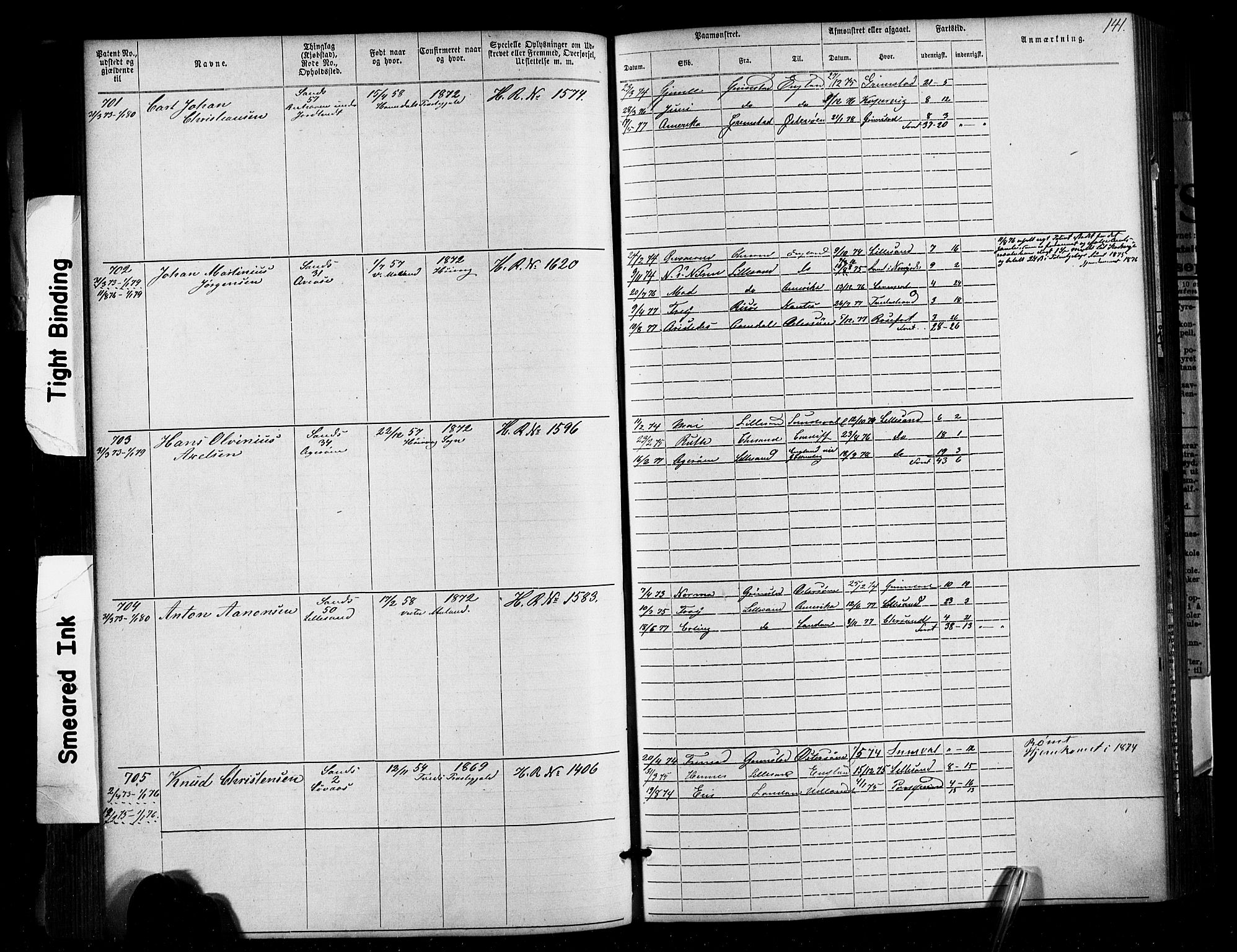 Lillesand mønstringskrets, SAK/2031-0014/F/Fa/L0002: Annotasjonsrulle nr 1-1910 med register, W-8, 1868-1891, p. 145