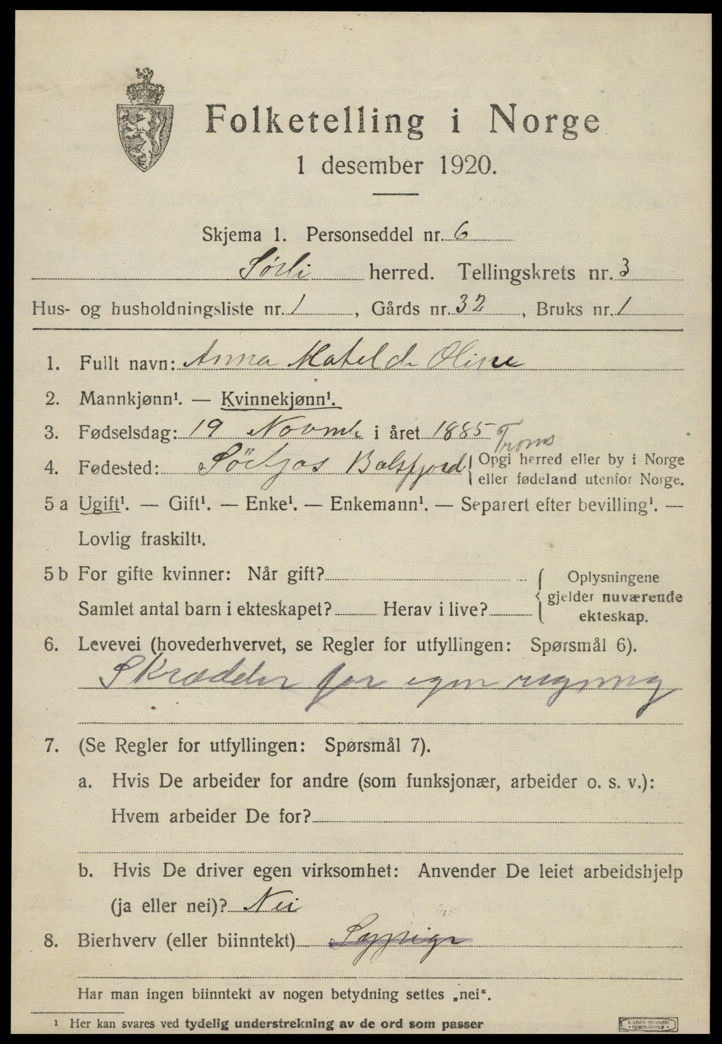 SAT, 1920 census for Sørli, 1920, p. 1073