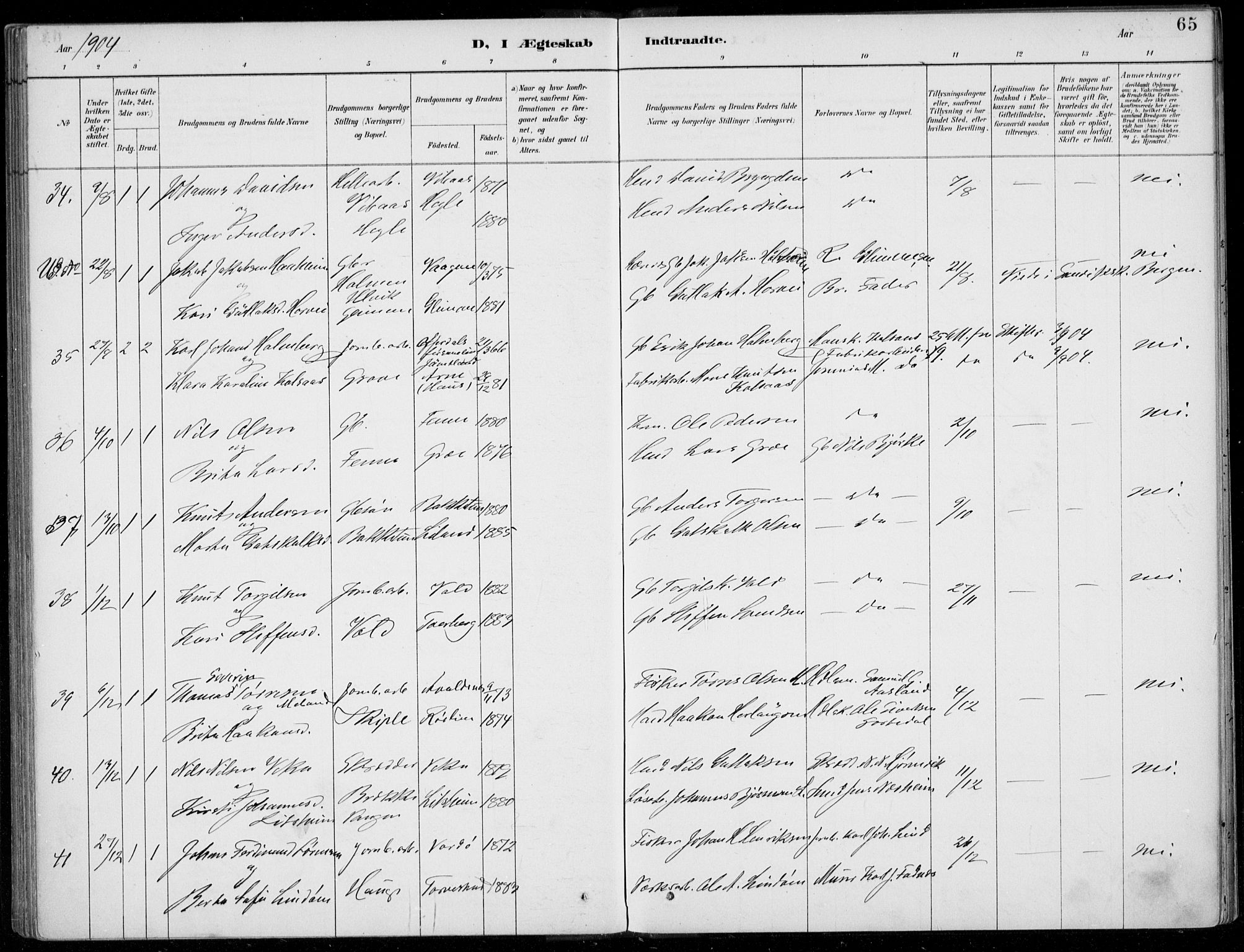 Voss sokneprestembete, SAB/A-79001/H/Haa: Parish register (official) no. C  1, 1887-1915, p. 65
