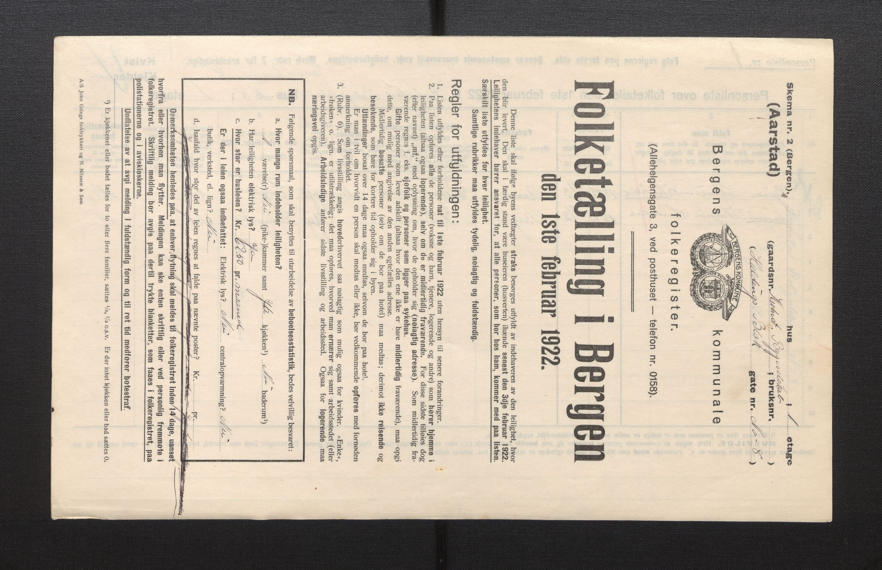 SAB, Municipal Census 1922 for Bergen, 1922, p. 54311