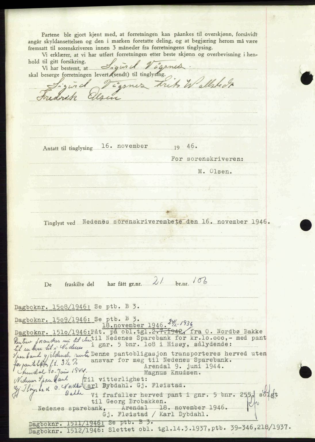 Nedenes sorenskriveri, AV/SAK-1221-0006/G/Gb/Gba/L0056: Mortgage book no. A8, 1946-1947, Diary no: : 1507/1946