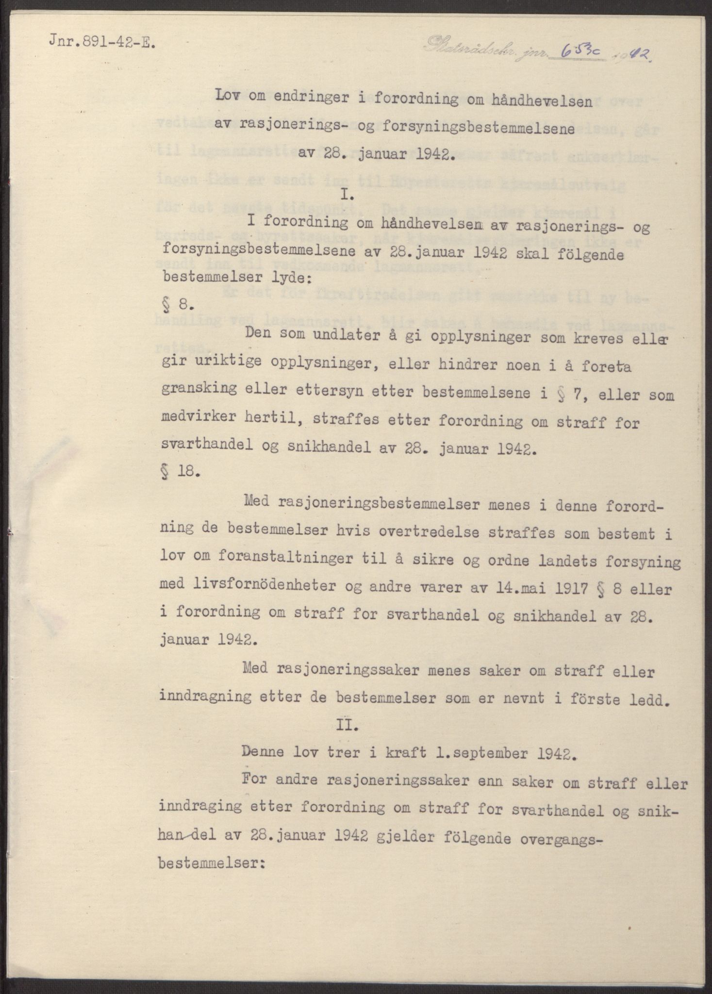 NS-administrasjonen 1940-1945 (Statsrådsekretariatet, de kommisariske statsråder mm), RA/S-4279/D/Db/L0098: Lover II, 1942, p. 269
