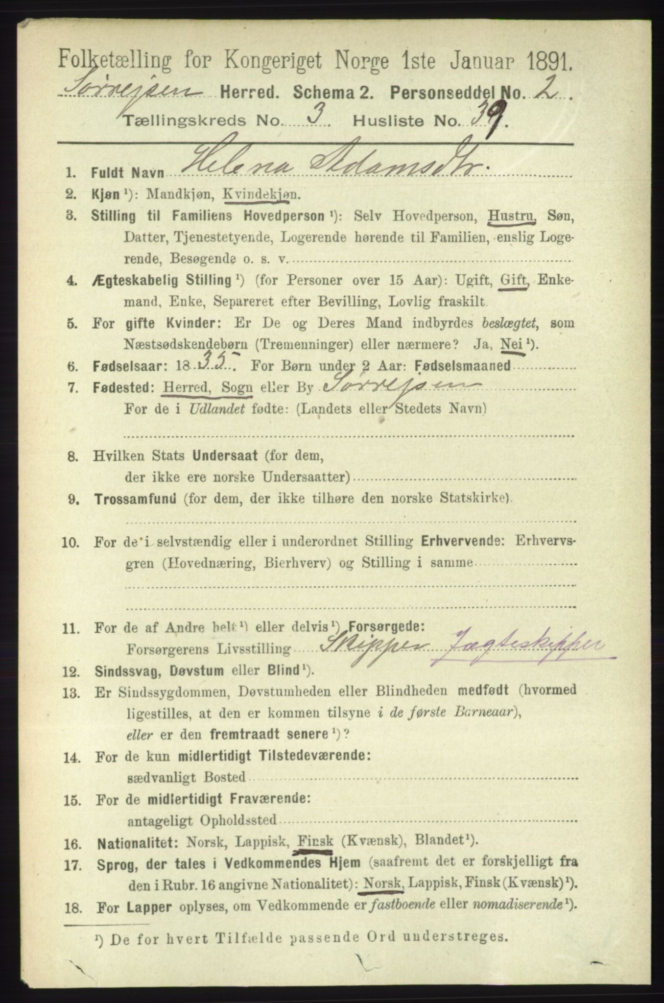 RA, 1891 census for 1925 Sørreisa, 1891, p. 1001