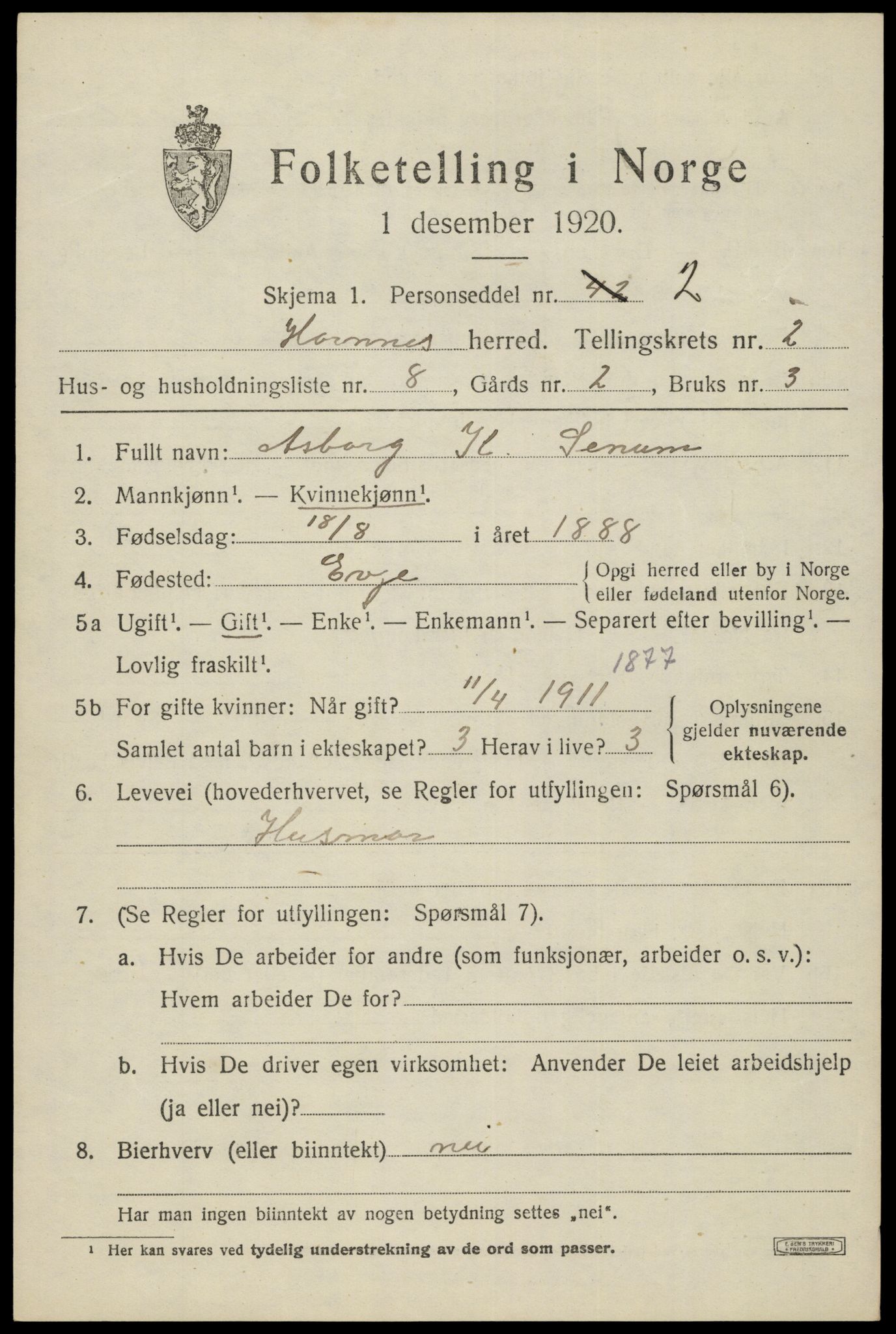 SAK, 1920 census for Hornnes, 1920, p. 783