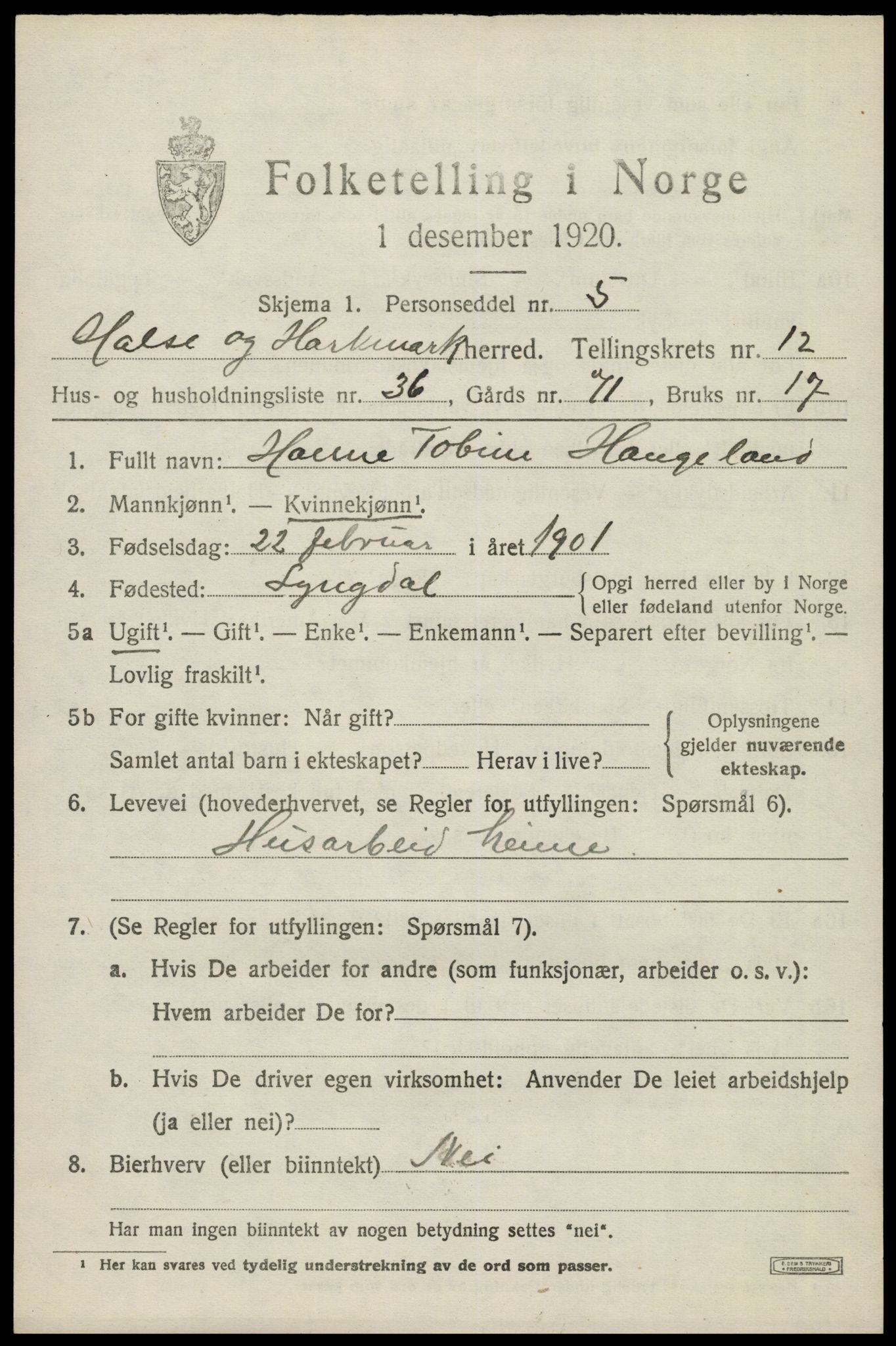 SAK, 1920 census for Halse og Harkmark, 1920, p. 6933