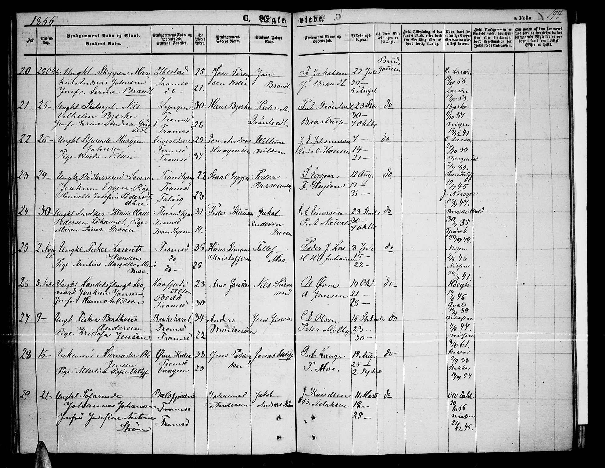 Tromsø sokneprestkontor/stiftsprosti/domprosti, AV/SATØ-S-1343/G/Gb/L0006klokker: Parish register (copy) no. 6, 1857-1866, p. 194