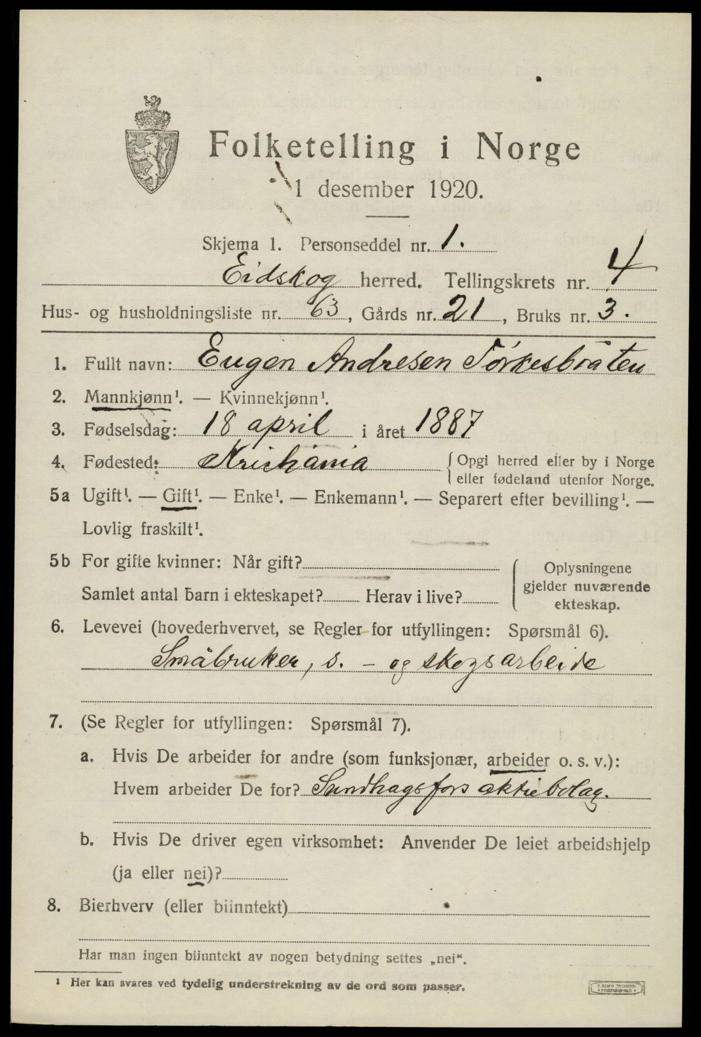 SAH, 1920 census for Eidskog, 1920, p. 5489