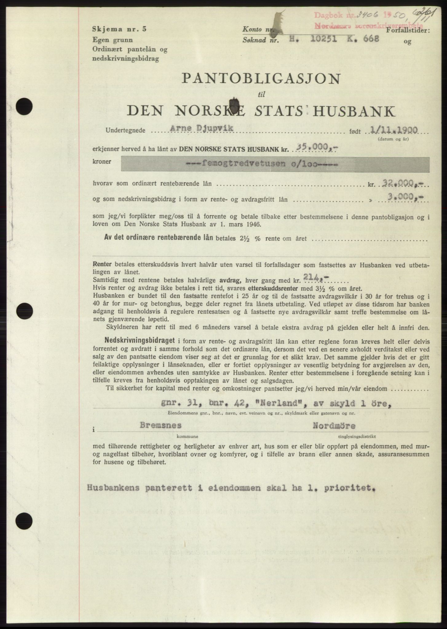 Nordmøre sorenskriveri, AV/SAT-A-4132/1/2/2Ca: Mortgage book no. B106, 1950-1950, Diary no: : 3406/1950