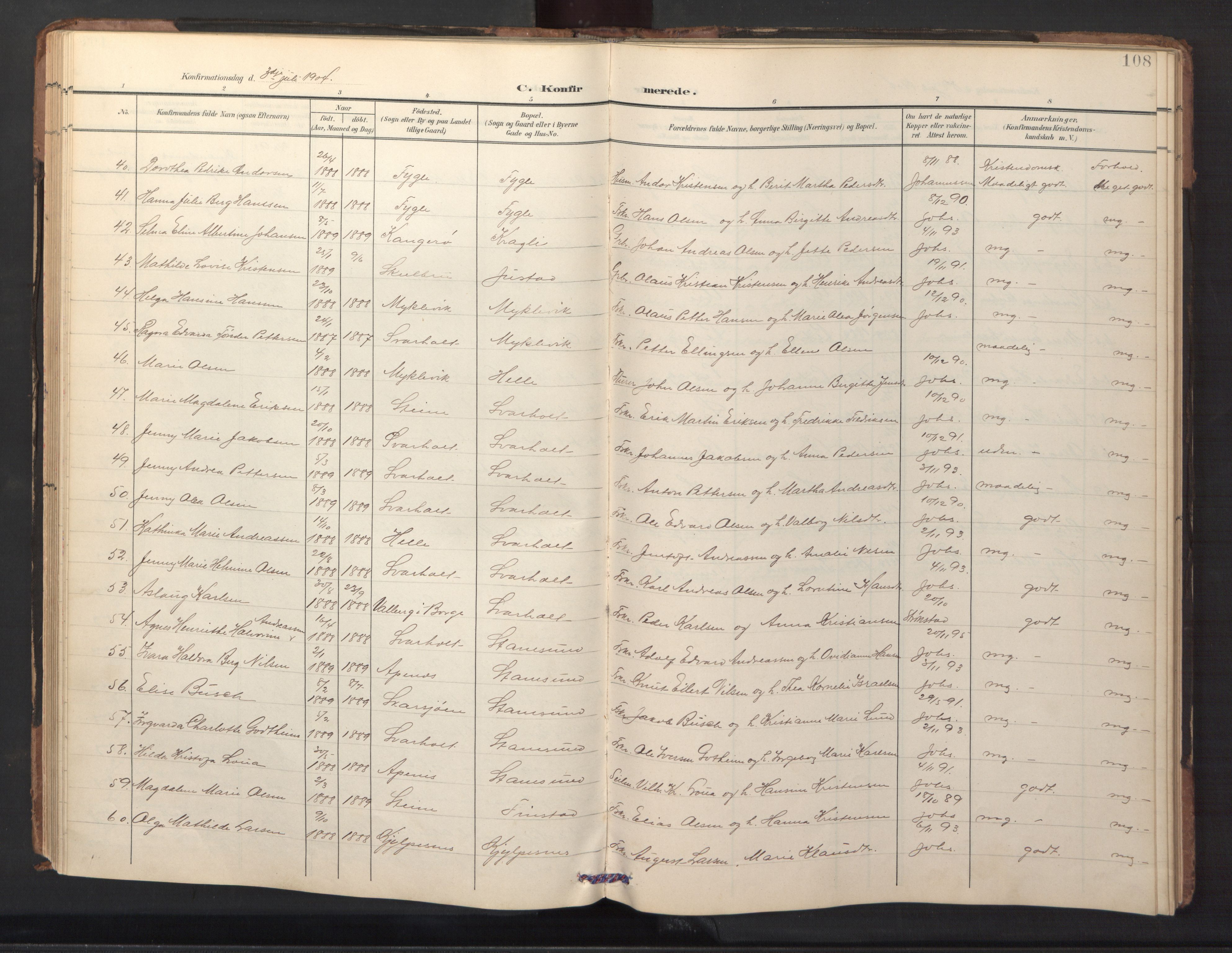 Ministerialprotokoller, klokkerbøker og fødselsregistre - Nordland, AV/SAT-A-1459/882/L1185: Parish register (copy) no. 882C03, 1898-1910, p. 108