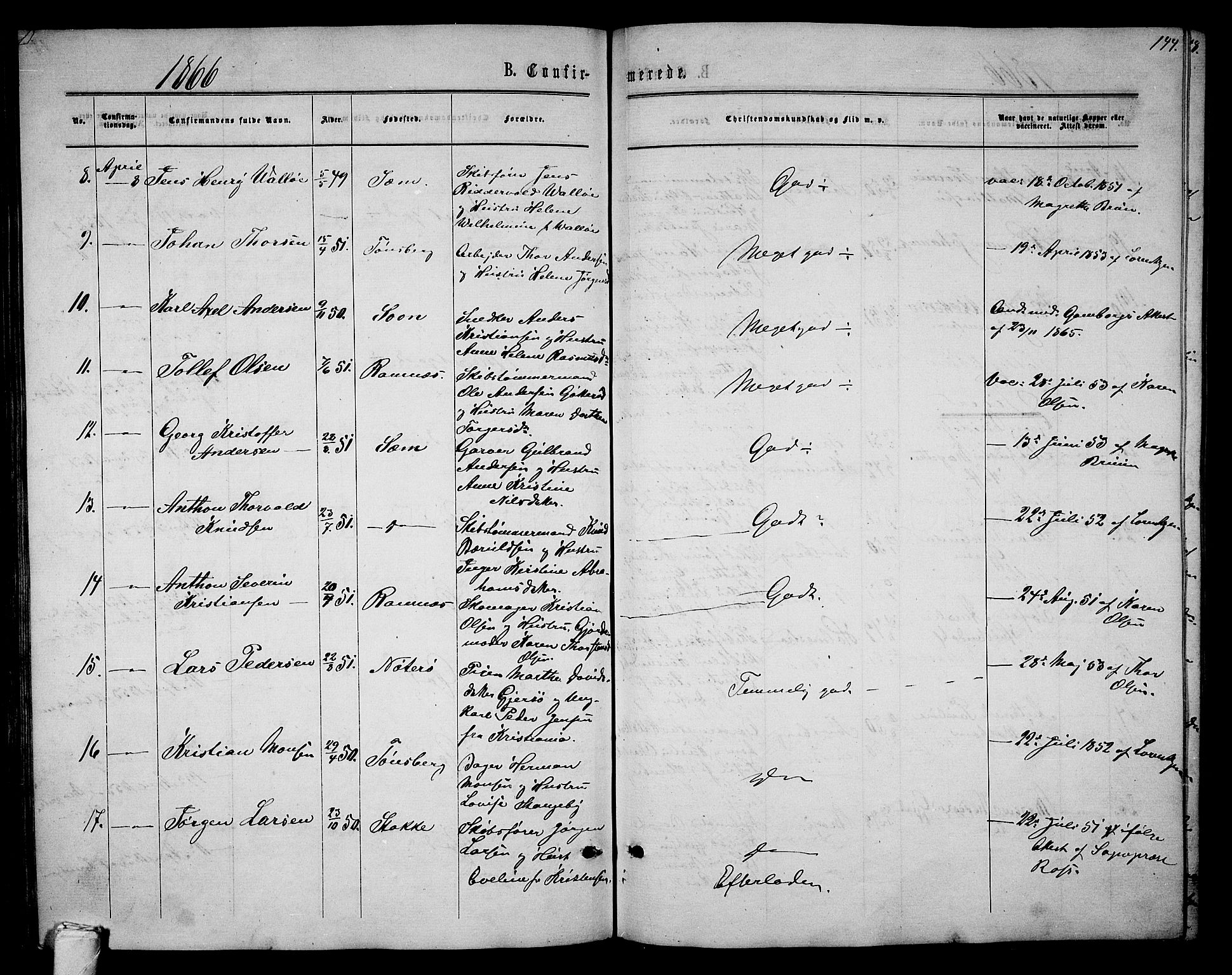 Tønsberg kirkebøker, AV/SAKO-A-330/G/Ga/L0004: Parish register (copy) no. 4, 1865-1874, p. 144