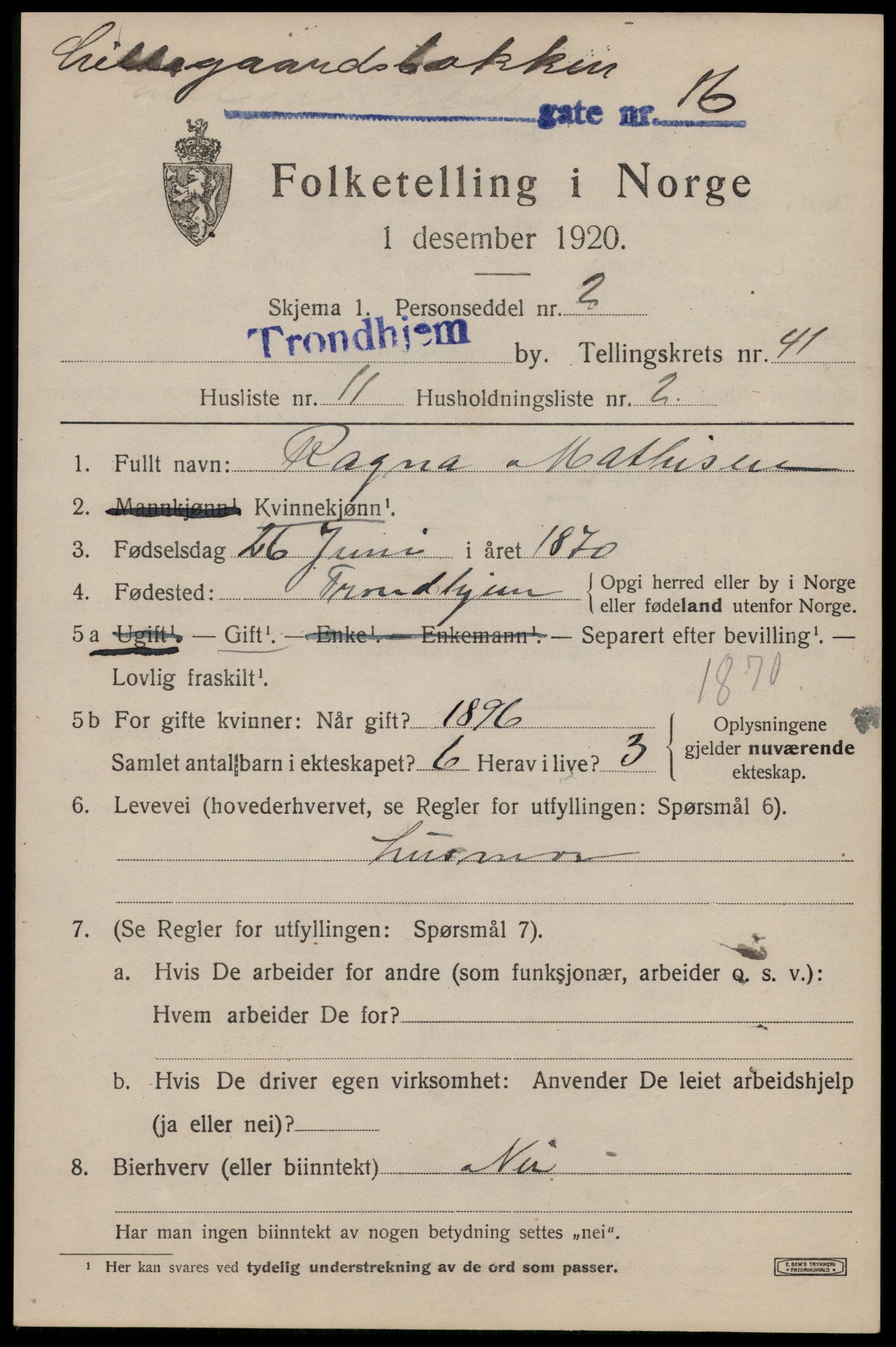 SAT, 1920 census for Trondheim, 1920, p. 91094