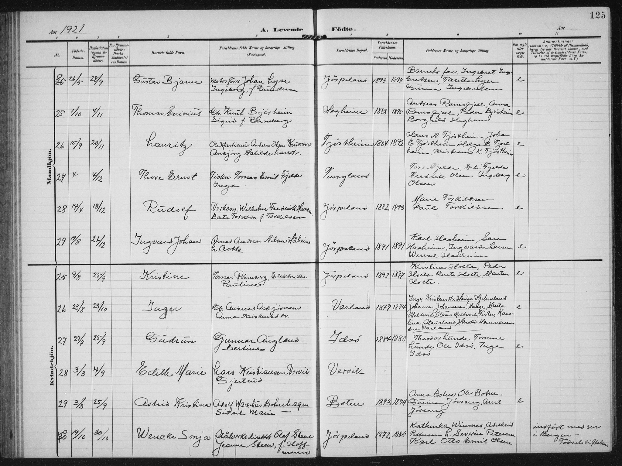 Strand sokneprestkontor, AV/SAST-A-101828/H/Ha/Hab/L0005: Parish register (copy) no. B 5, 1904-1934, p. 125