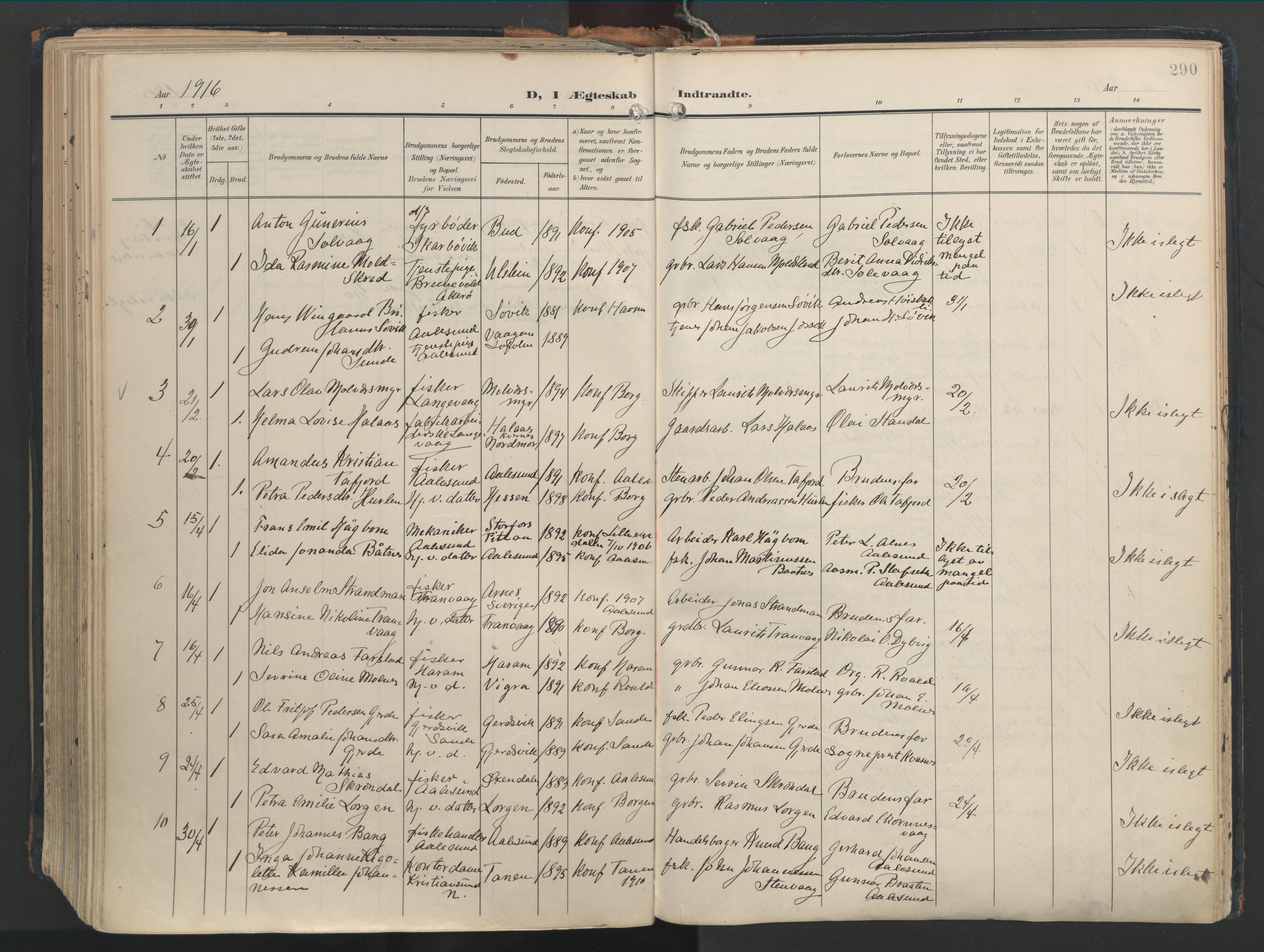 Ministerialprotokoller, klokkerbøker og fødselsregistre - Møre og Romsdal, SAT/A-1454/528/L0411: Parish register (official) no. 528A20, 1907-1920, p. 290