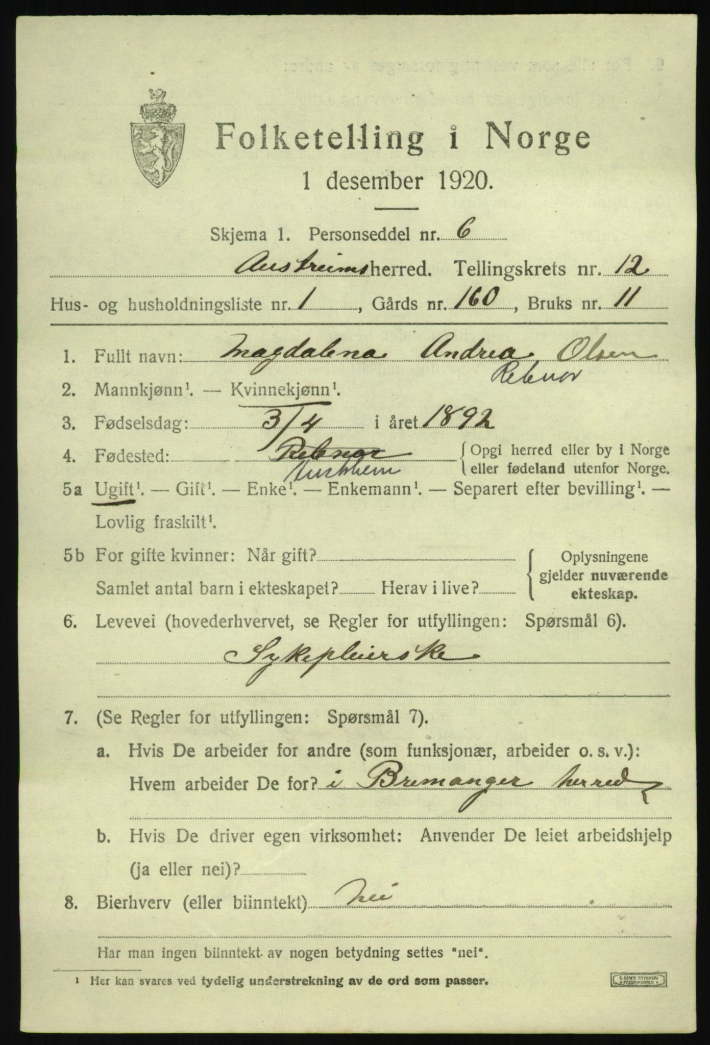 SAB, 1920 census for Austrheim, 1920, p. 4366