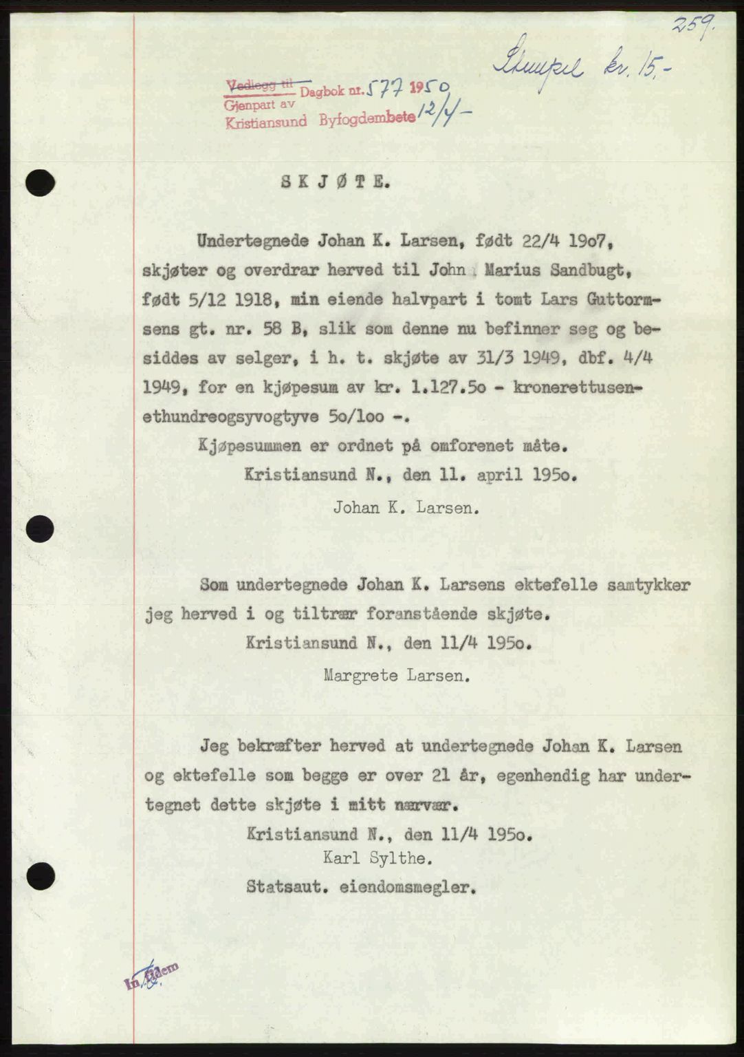 Kristiansund byfogd, AV/SAT-A-4587/A/27: Mortgage book no. 46, 1949-1950, Diary no: : 577/1950