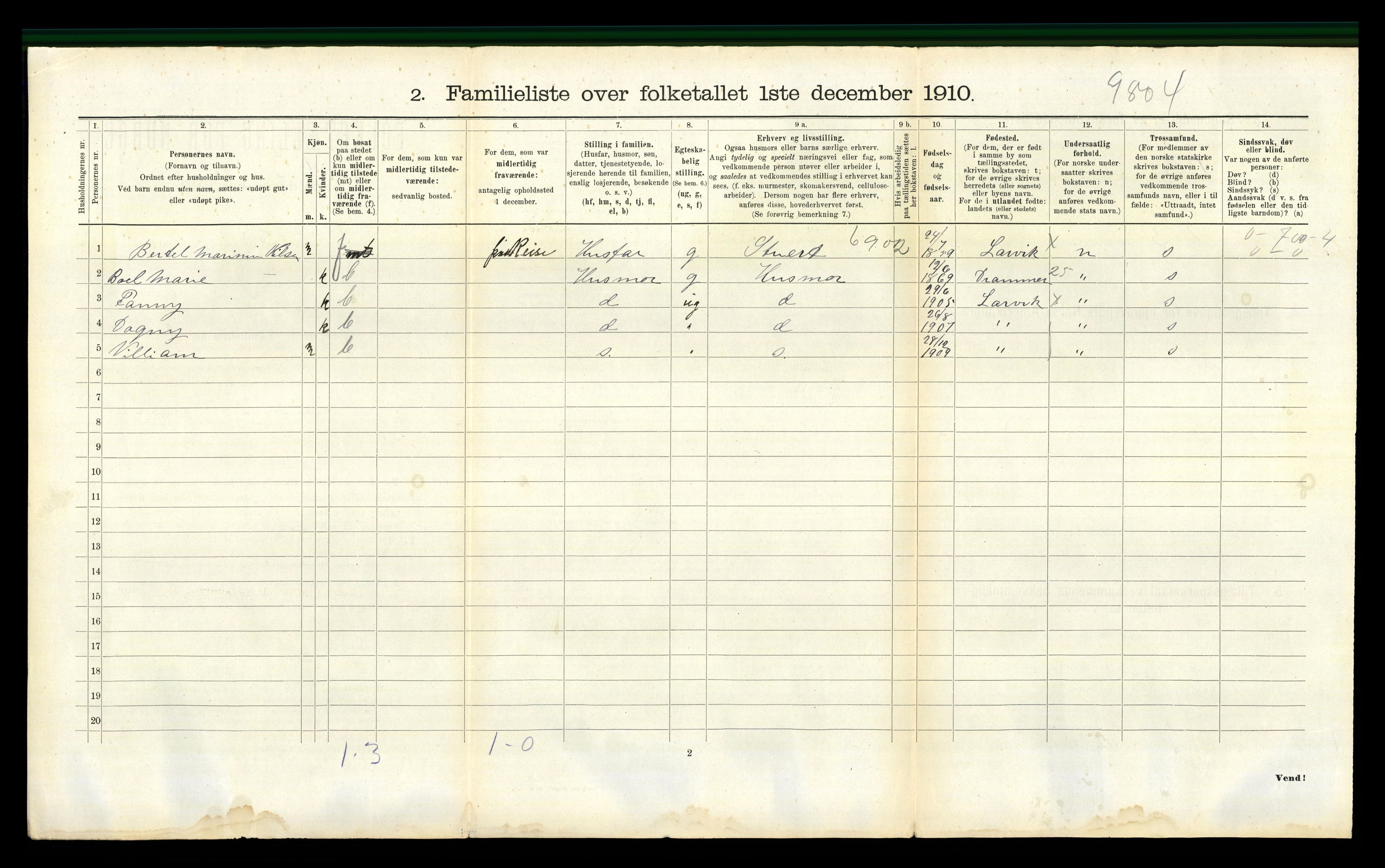 RA, 1910 census for Larvik, 1910, p. 5056