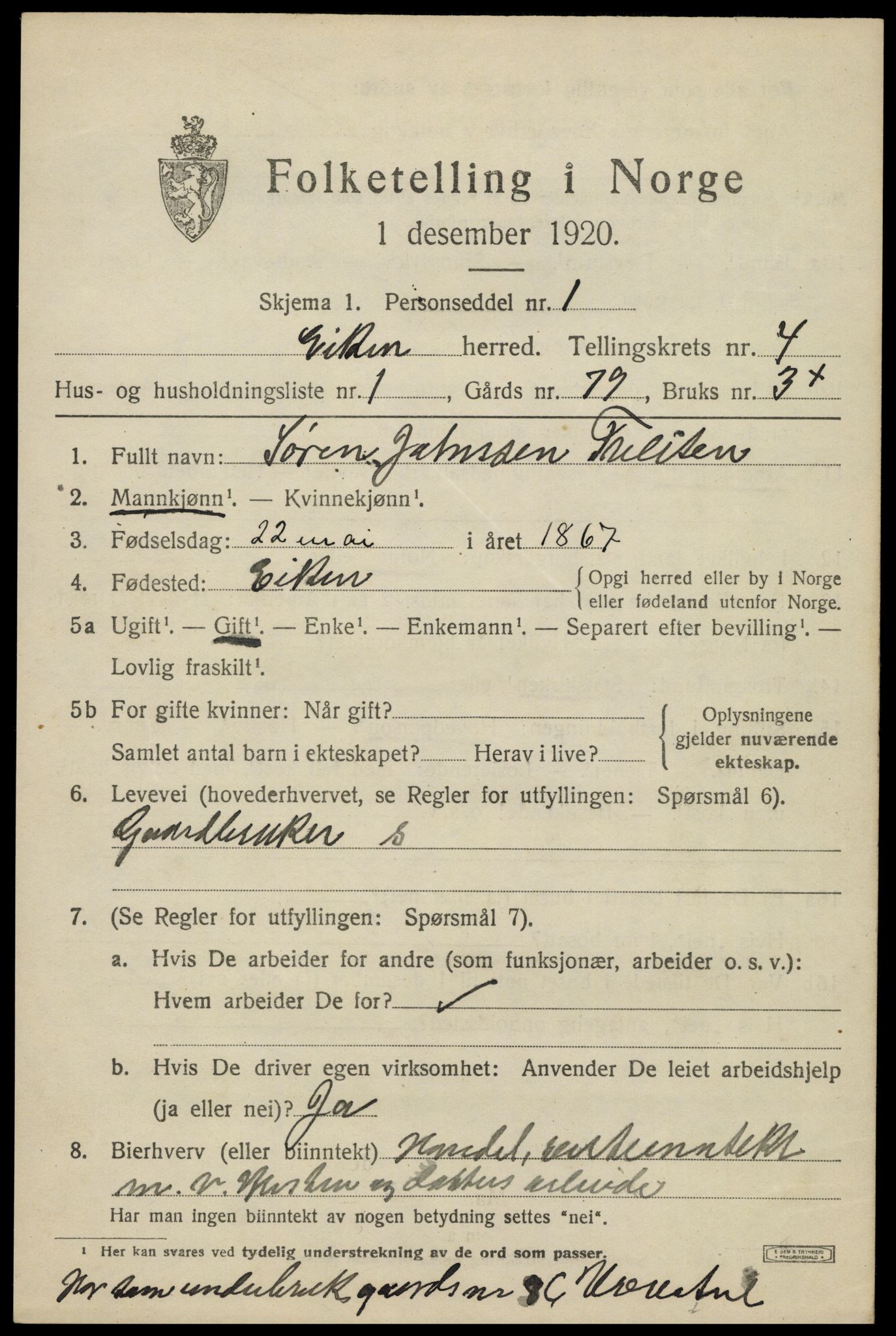 SAK, 1920 census for Eiken, 1920, p. 1273