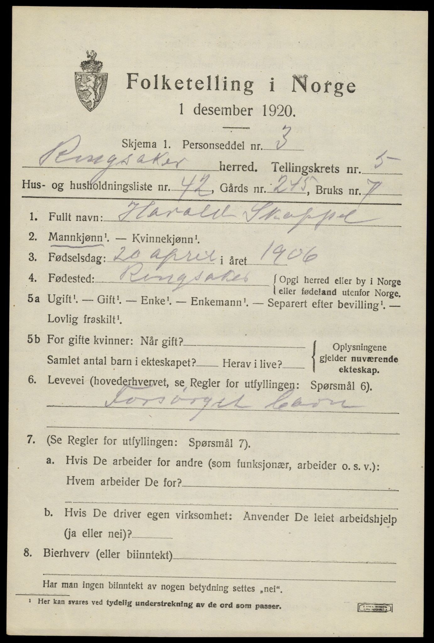 SAH, 1920 census for Ringsaker, 1920, p. 10236