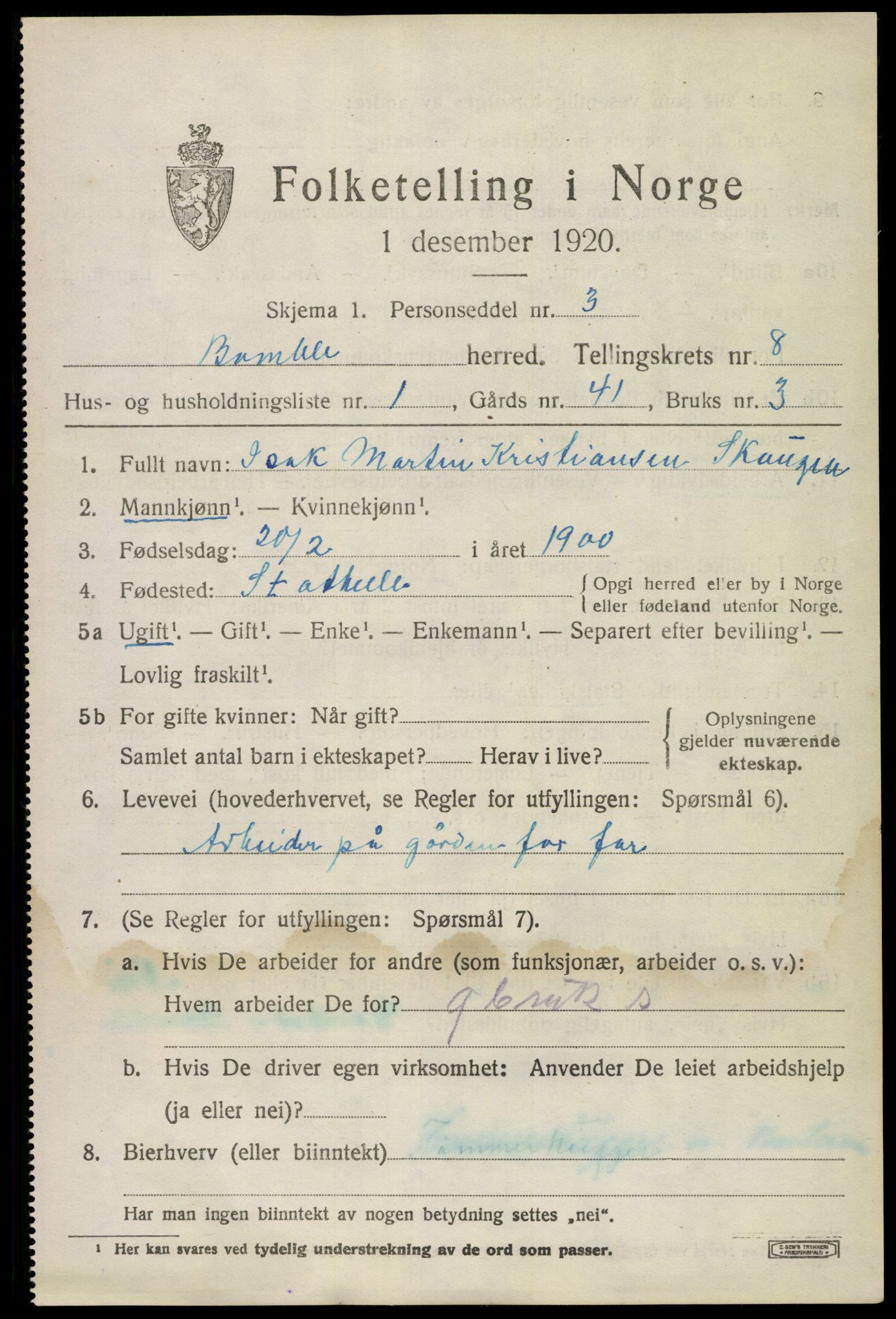 SAKO, 1920 census for Bamble, 1920, p. 7373