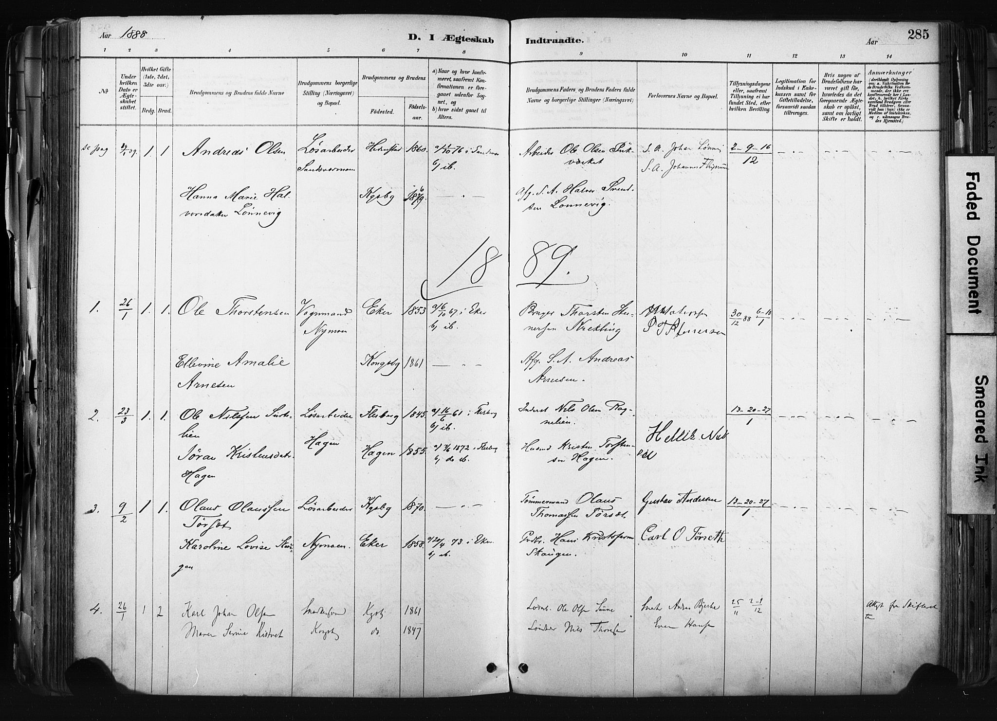 Kongsberg kirkebøker, AV/SAKO-A-22/F/Fb/L0002: Parish register (official) no. II 2, 1886-1896, p. 285