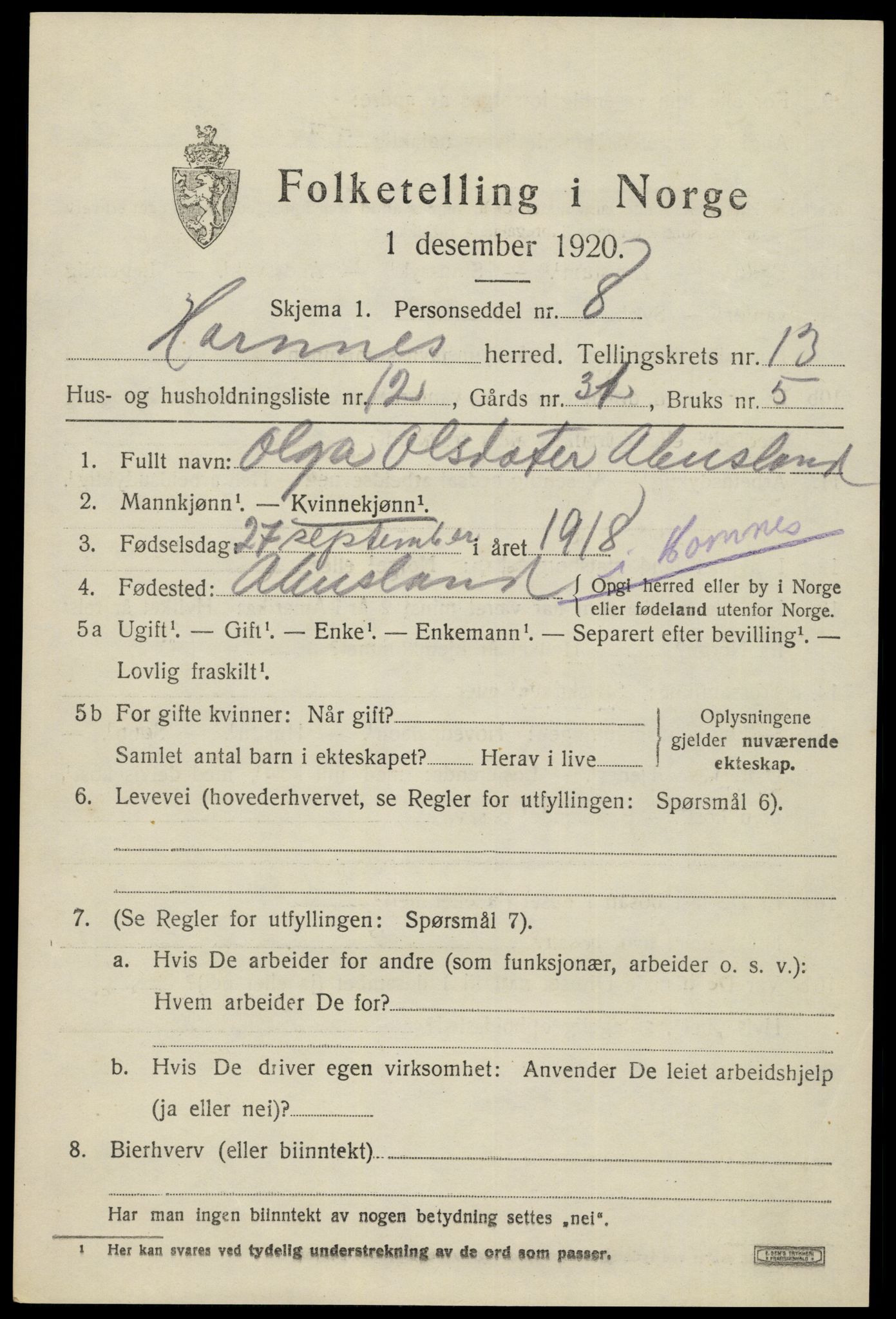 SAK, 1920 census for Hornnes, 1920, p. 3223