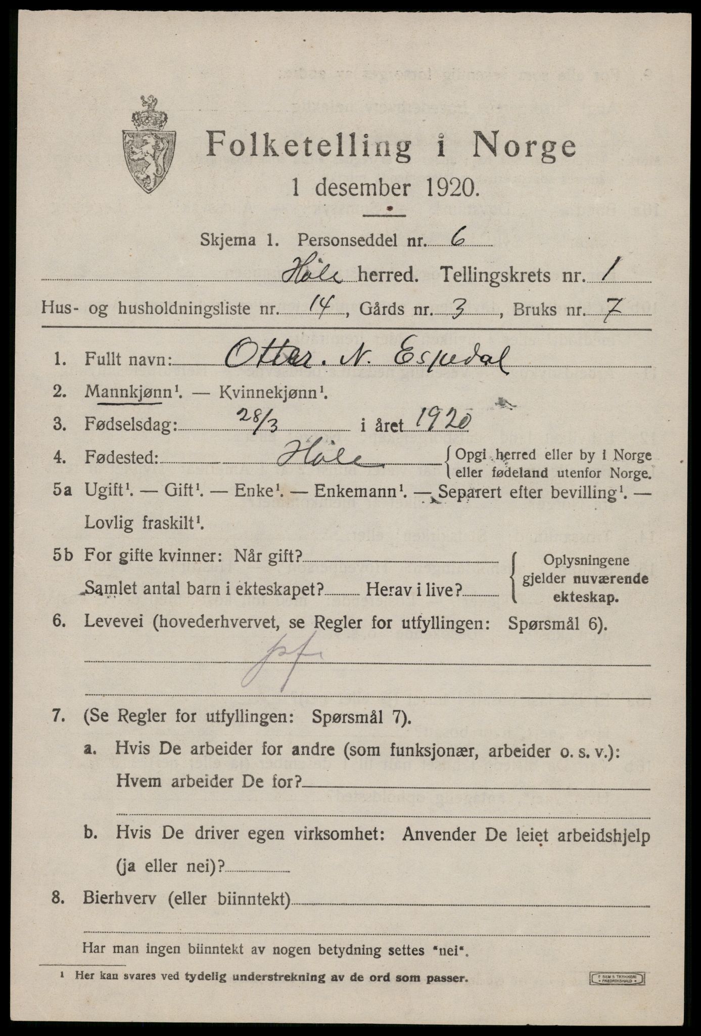 SAST, 1920 census for Høle, 1920, p. 659