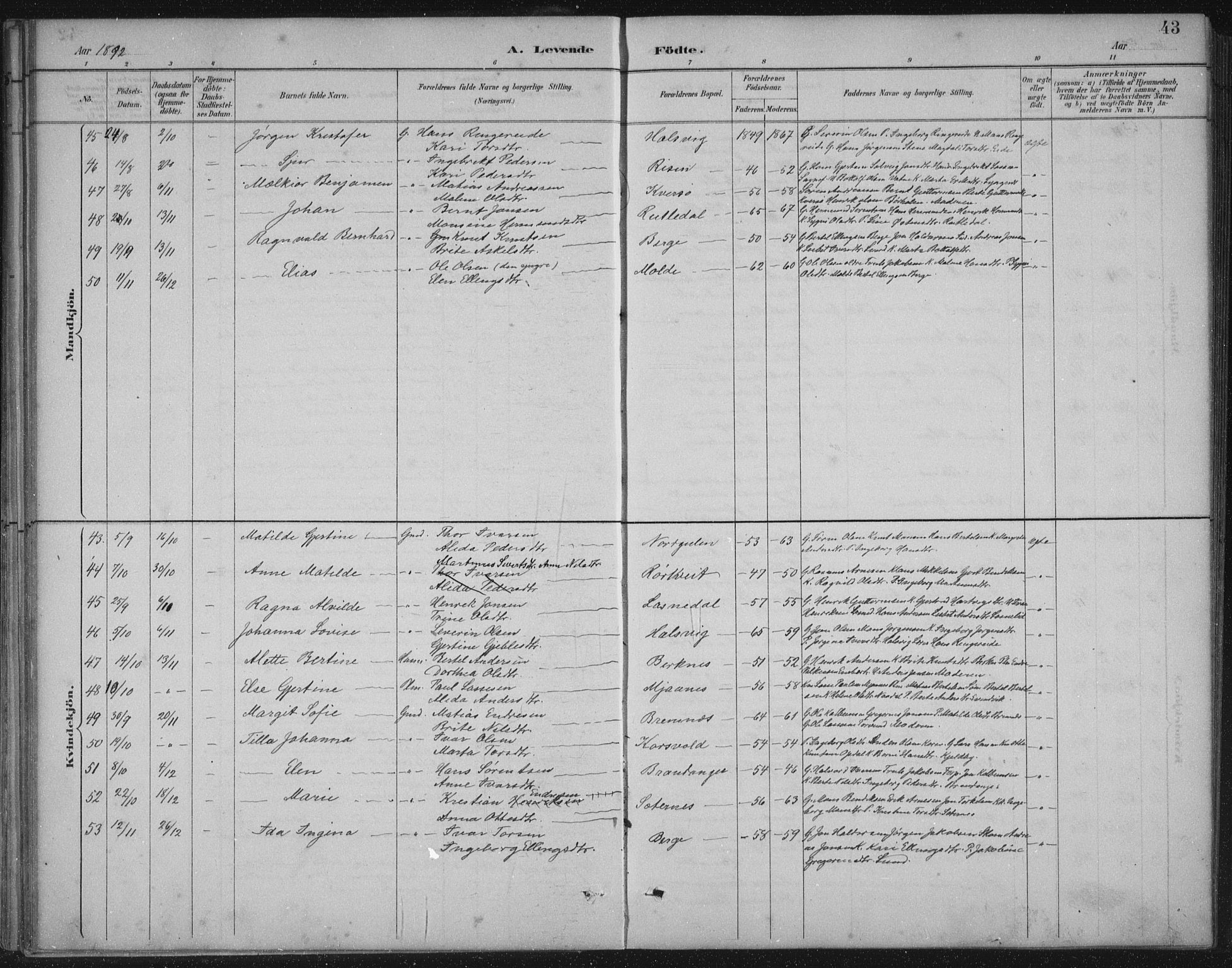 Gulen sokneprestembete, AV/SAB-A-80201/H/Hab/Habb/L0003: Parish register (copy) no. B 3, 1884-1907, p. 43