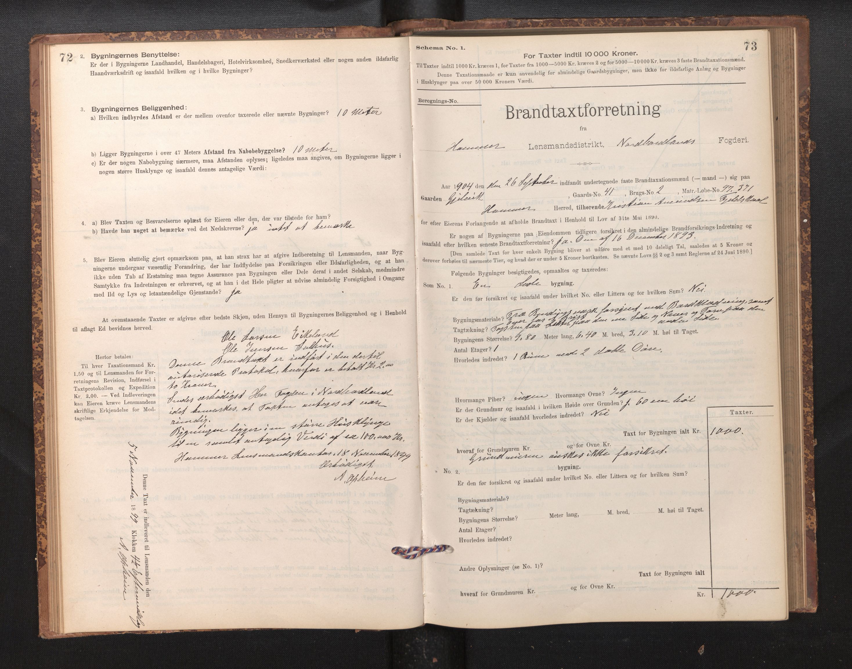 Lensmannen i Hamre, SAB/A-32601/0012/L0004: Branntakstprotokoll, skjematakst, 1895-1920, p. 72-73