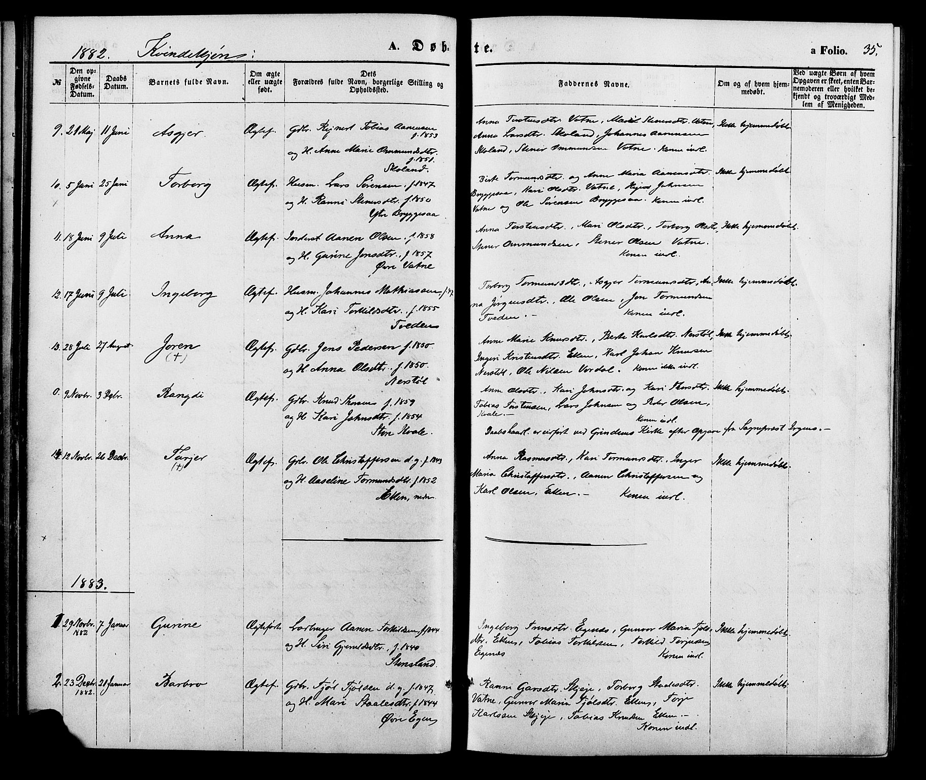 Hægebostad sokneprestkontor, AV/SAK-1111-0024/F/Fa/Fab/L0003: Parish register (official) no. A 3, 1872-1886, p. 35