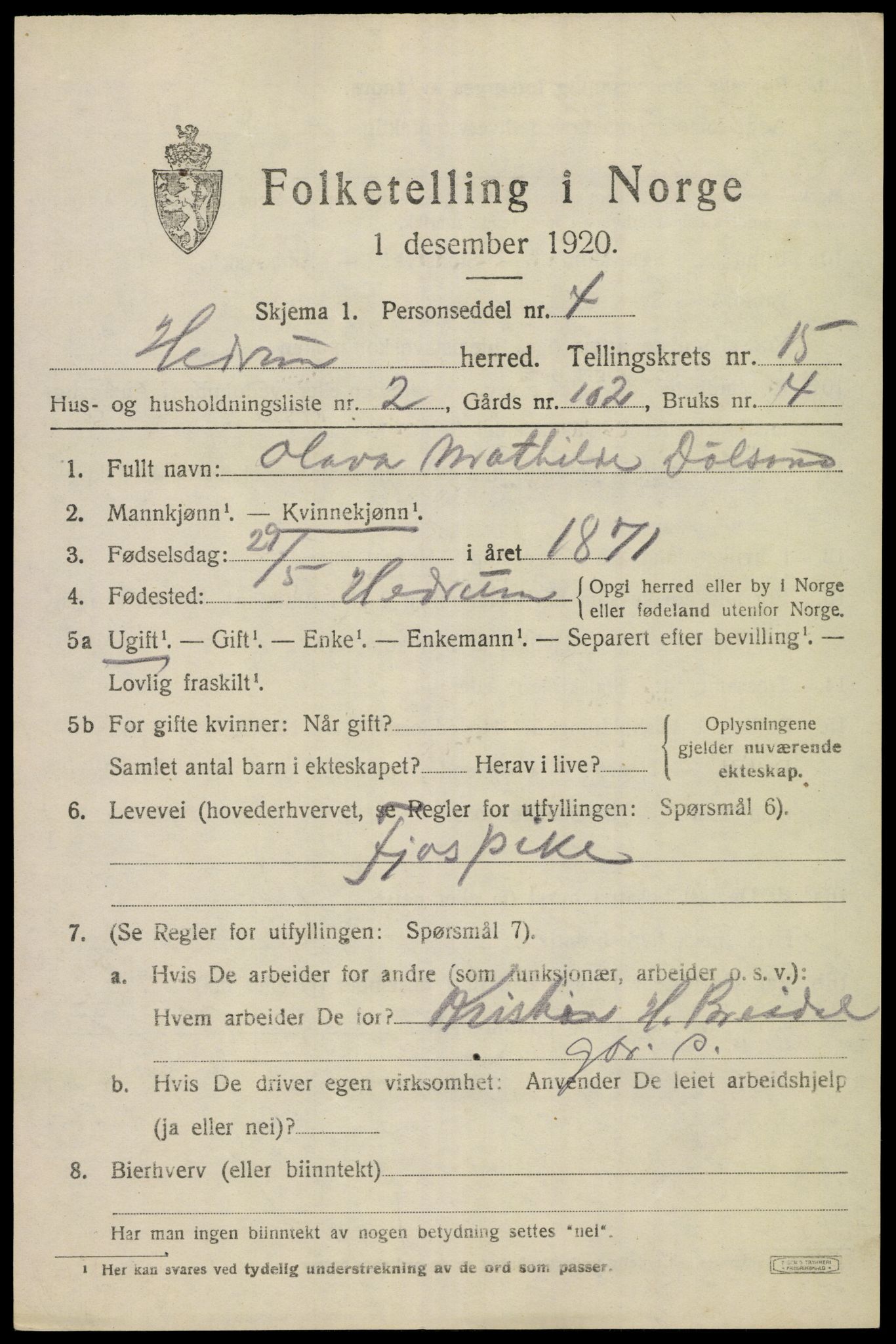 SAKO, 1920 census for Hedrum, 1920, p. 9907