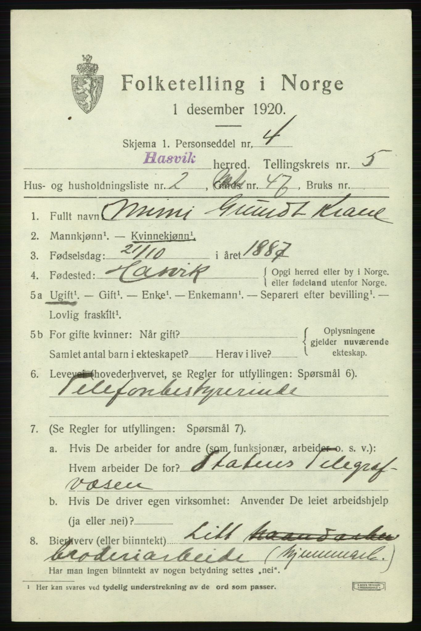 SATØ, 1920 census for Hasvik, 1920, p. 2331