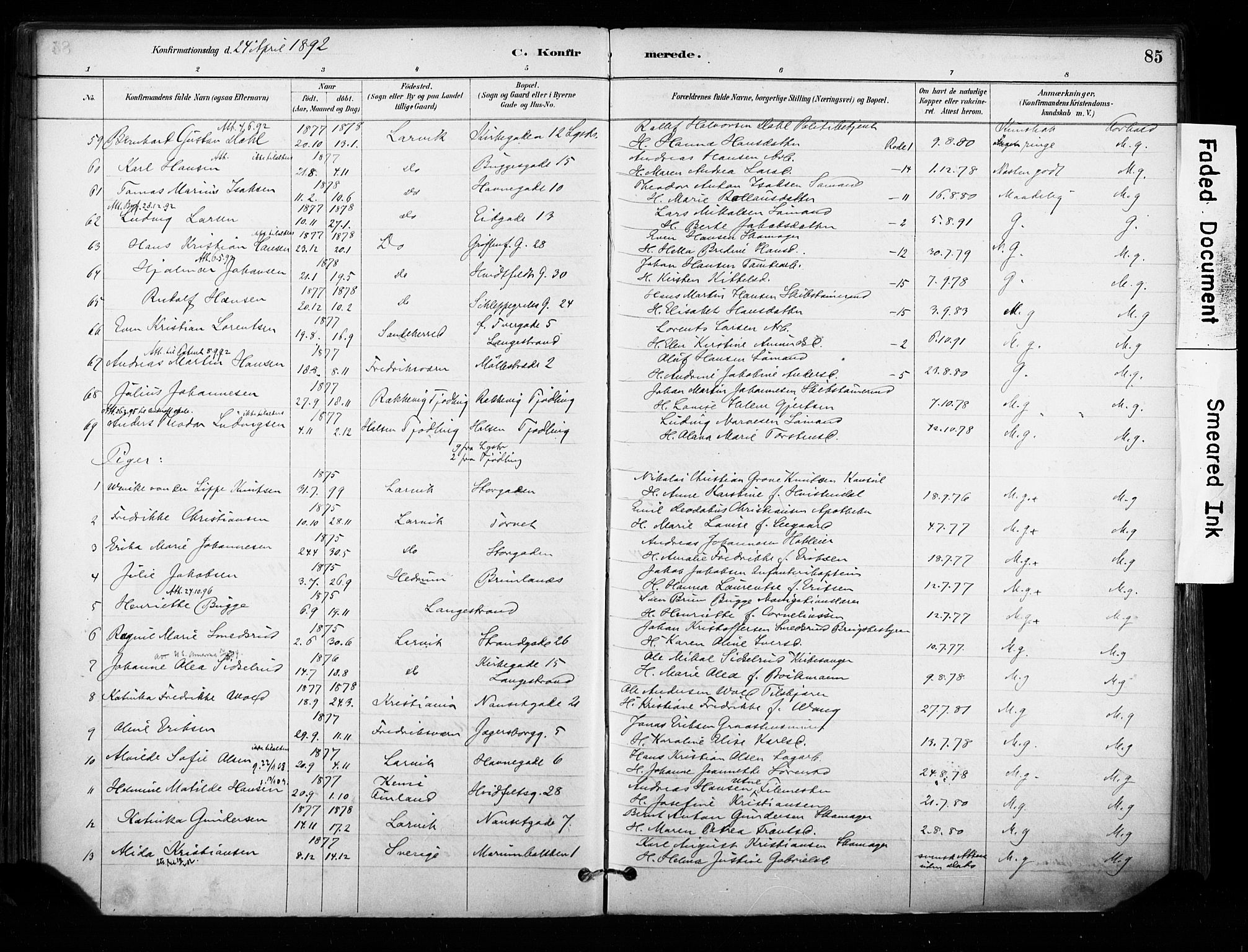 Larvik kirkebøker, AV/SAKO-A-352/F/Fa/L0008: Parish register (official) no. I 8, 1884-1902, p. 85